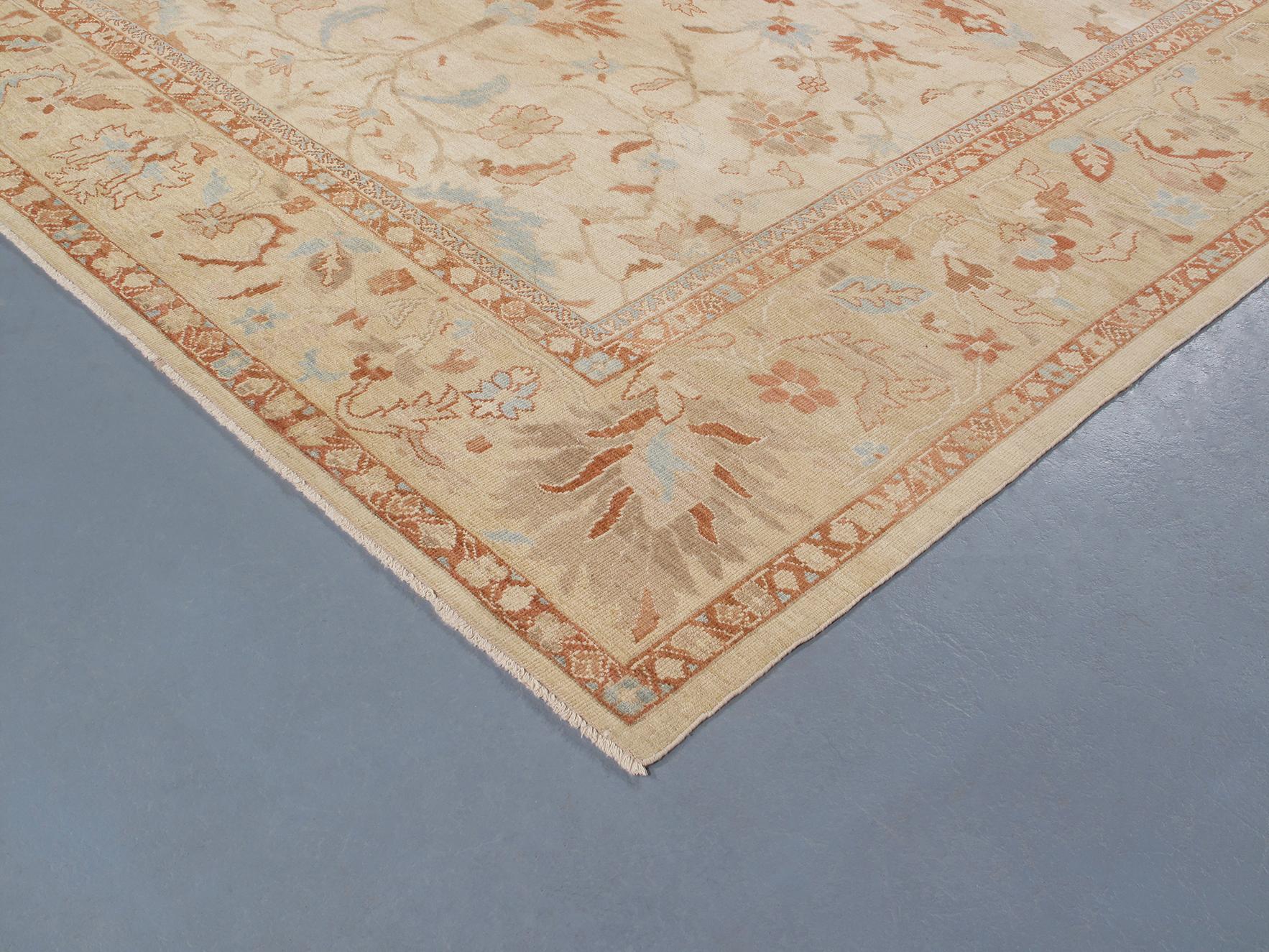 Contemporary Original Persian Ziegler Sultanabad Hand Knotted Rug in Ivory and Gold Tones For Sale