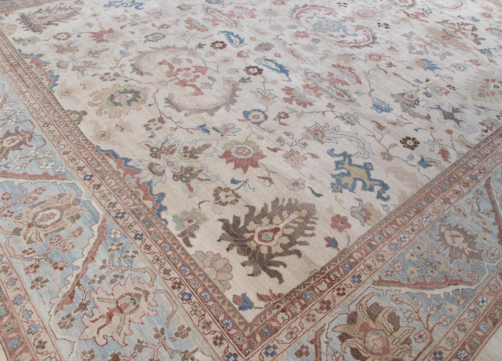Made in Iran, this rug relates to the Zieglar Sultanabad collection: In 1875 the Anglo-Swiss company, Zieglar and Co. produced carpets in the Western region of Persia. They married tradition with innovation by employing designers from New York and