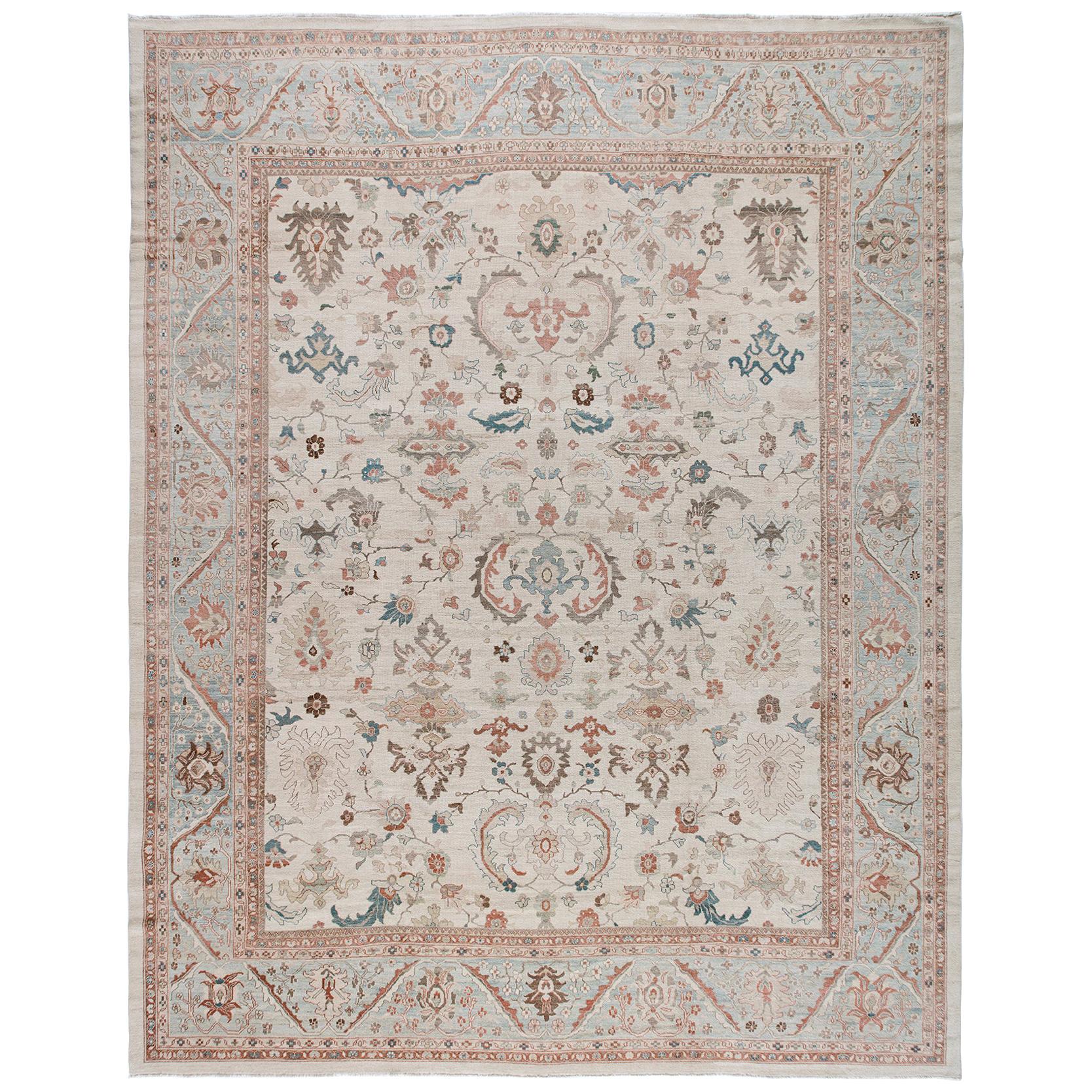 Original Persian Ziegler Sultanabad Rug in Pale Blue, Beige, and Rust Colors