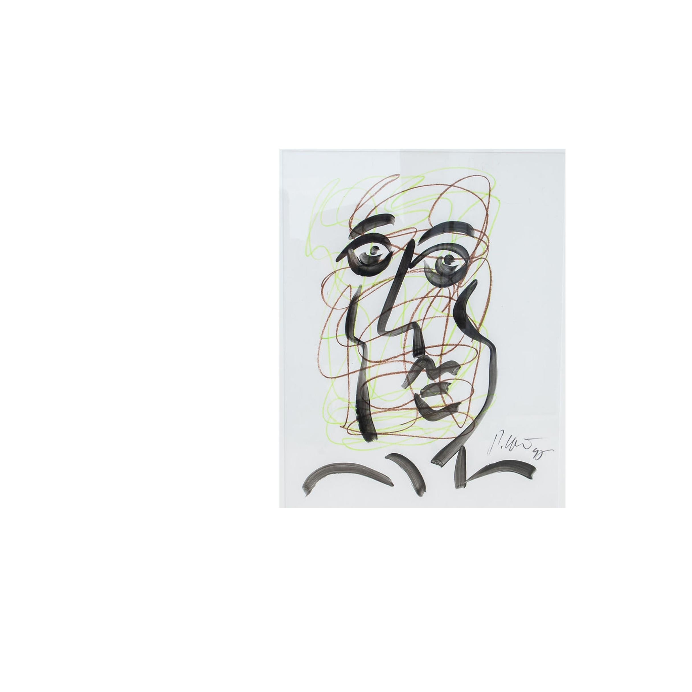 German Original Peter Keil Acrylic & Pen Abstract, 1995 For Sale
