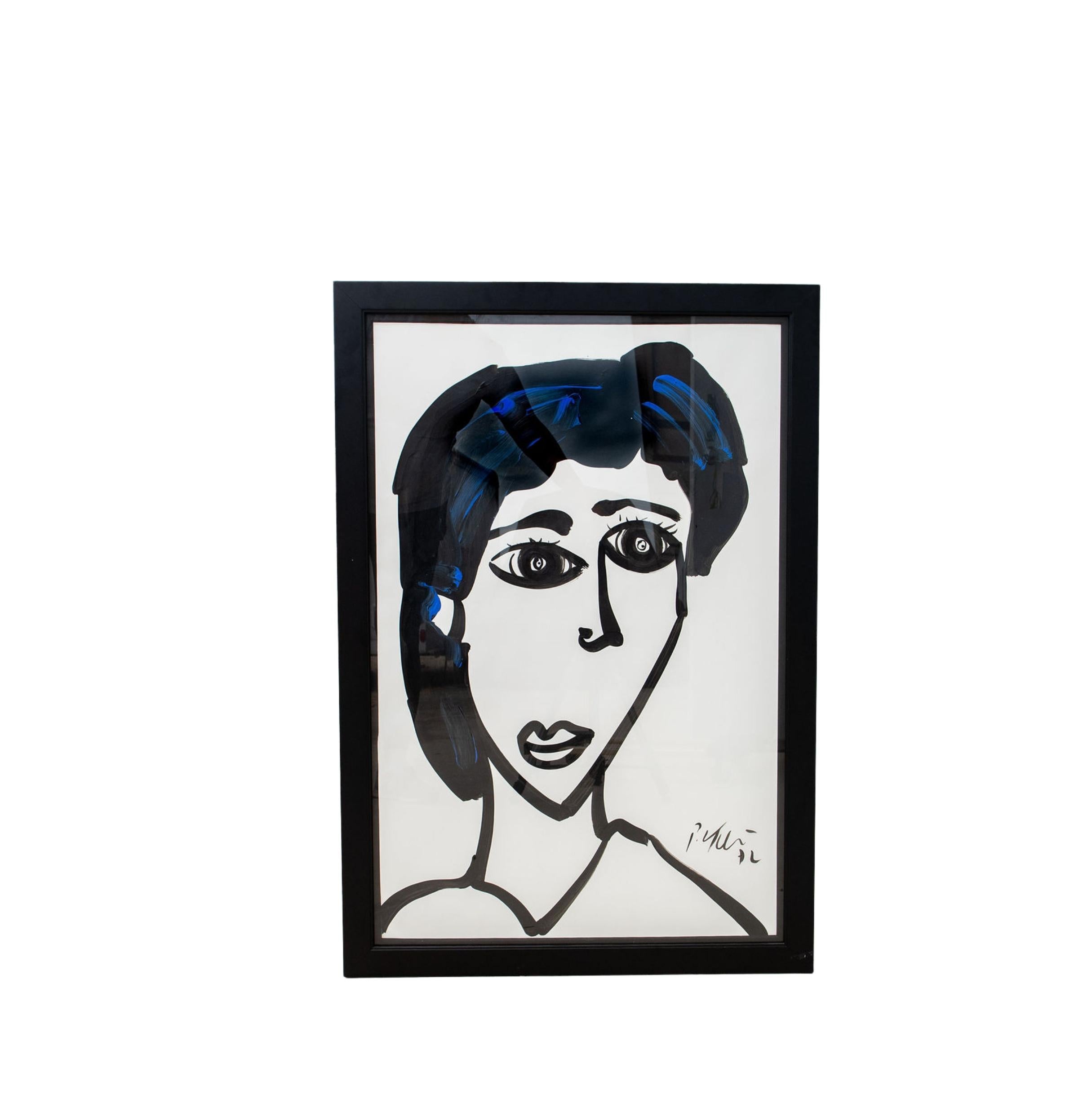 Original Peter Keil Gemälde von Frau in Schwarz mit Blau (Moderne der Mitte des Jahrhunderts) im Angebot