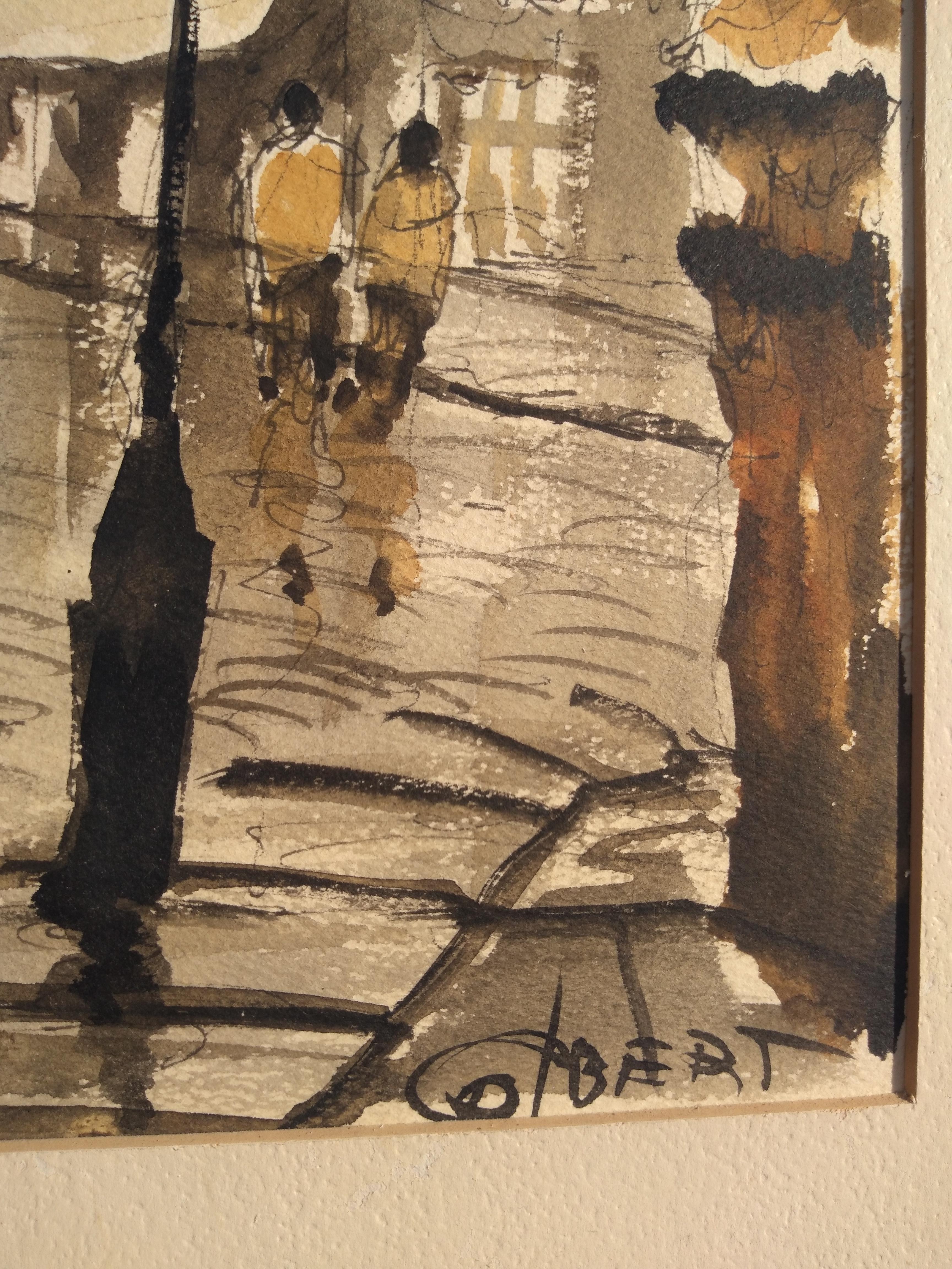 American Original Phillip Colbert Horse and Buggy Street Scene Watercolor For Sale