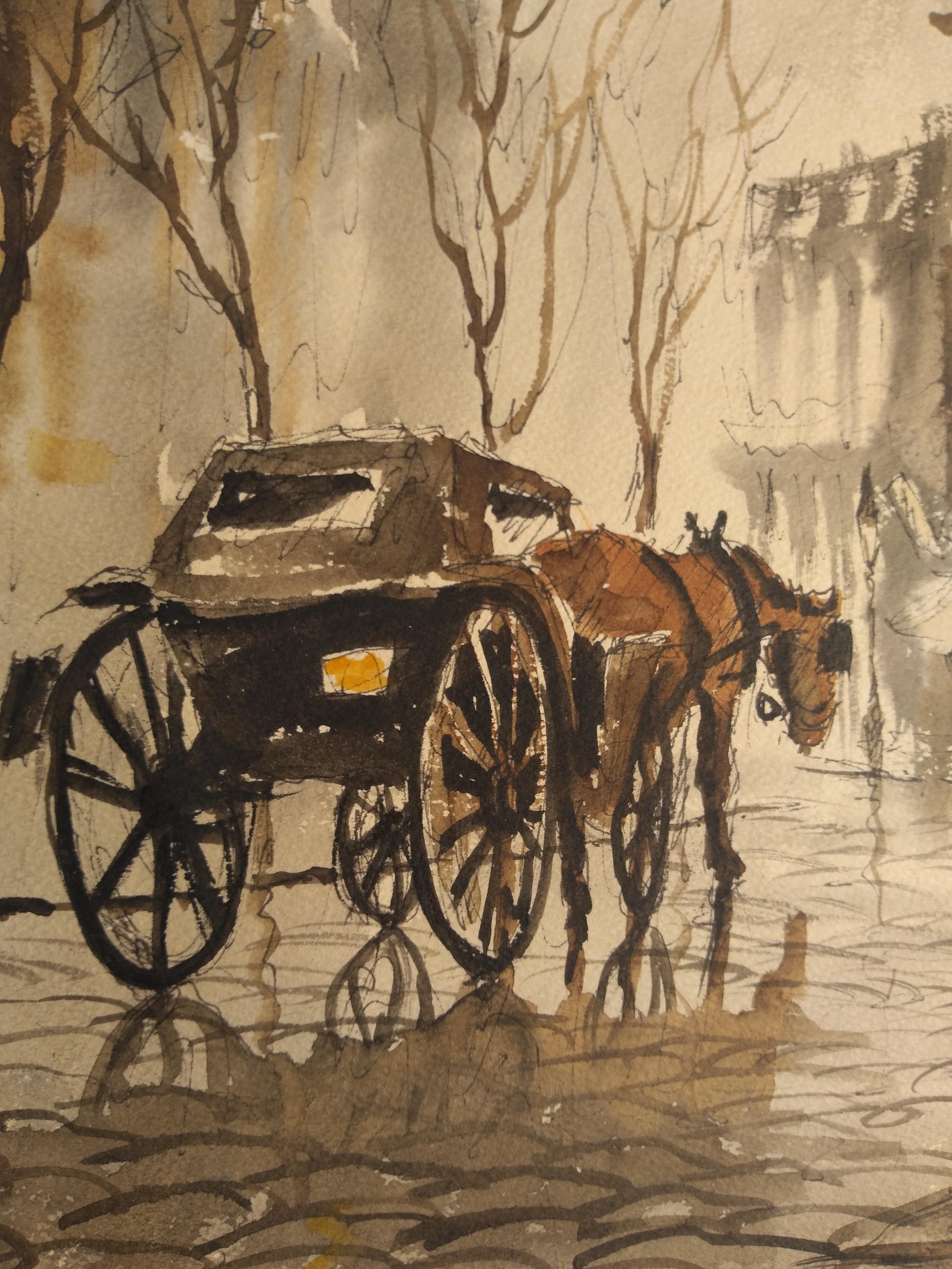 Hand-Painted Original Phillip Colbert Horse and Buggy Street Scene Watercolor For Sale