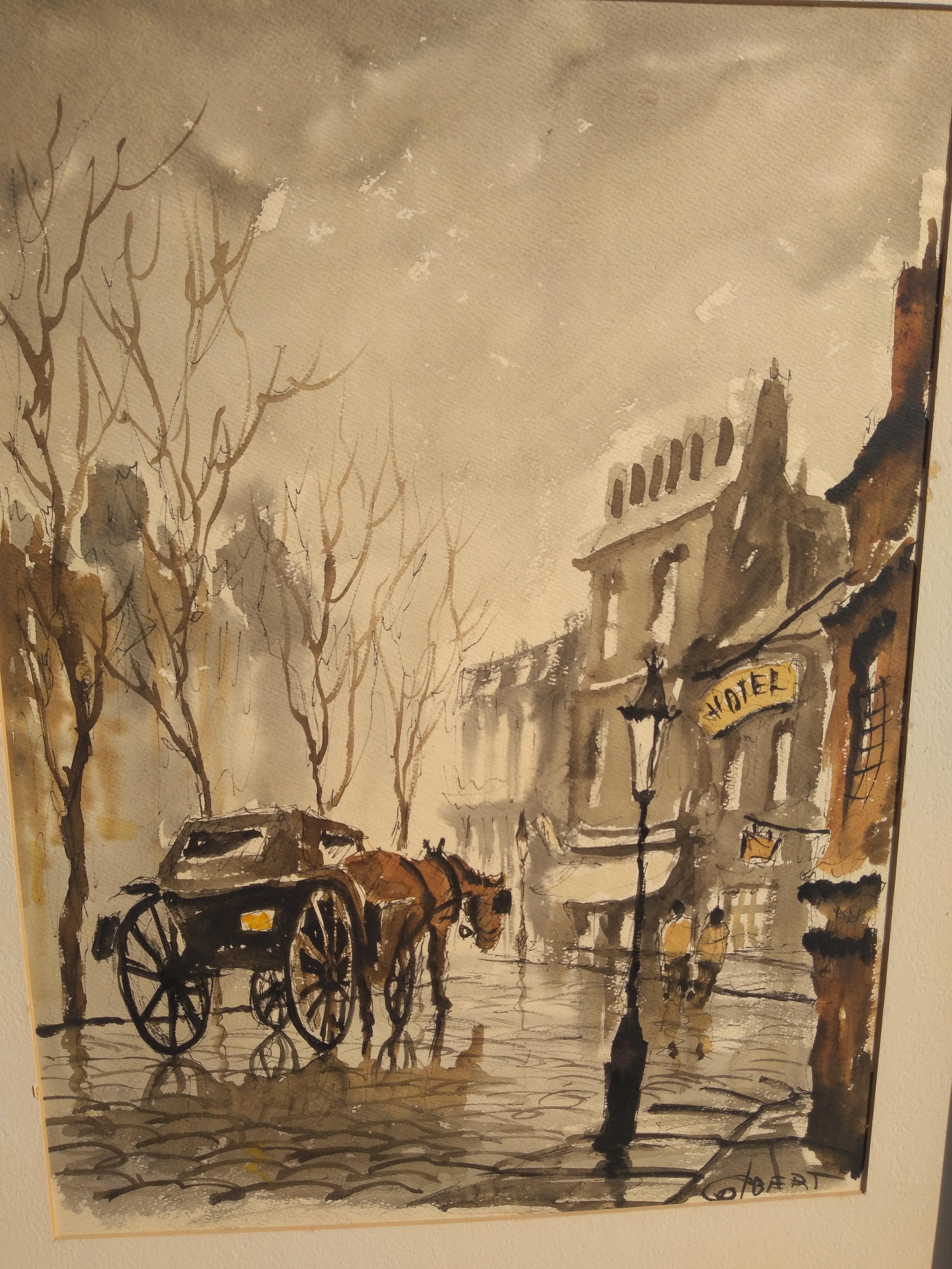 Original Phillip Colbert Horse and Buggy Street Scene Watercolor In Good Condition For Sale In Pasadena, TX