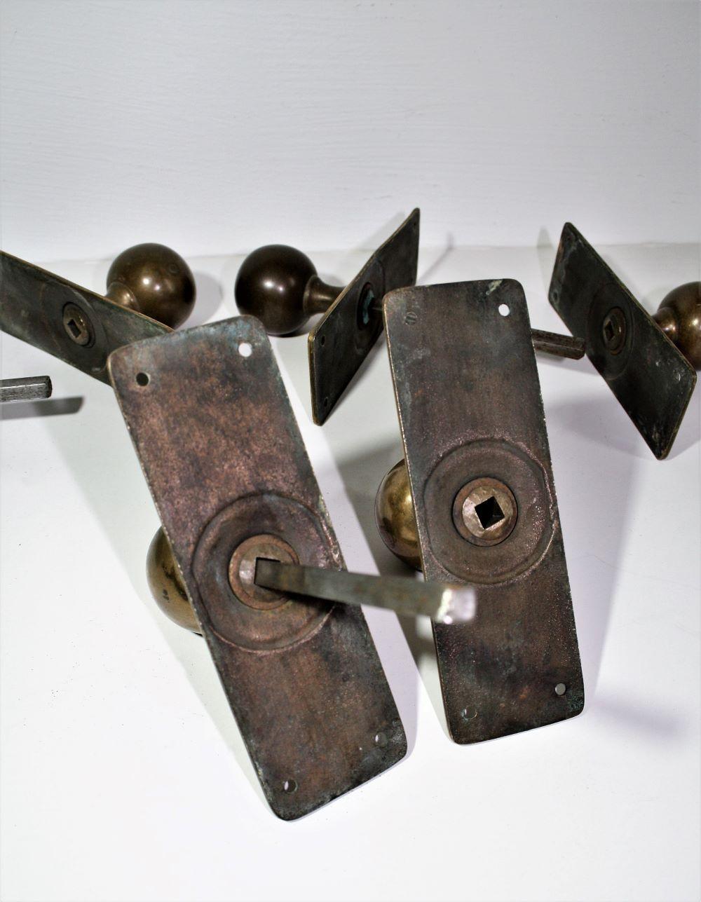 Early Victorian Original Phosphor Bronze Brass Door Handles & Escutcheons 3 matching sets For Sale