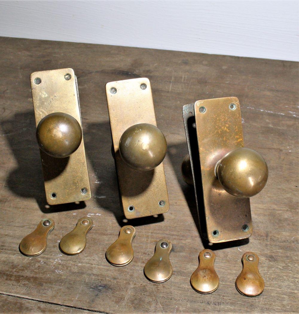 British Original Phosphor Bronze Brass Door Handles & Escutcheons 3 matching sets For Sale