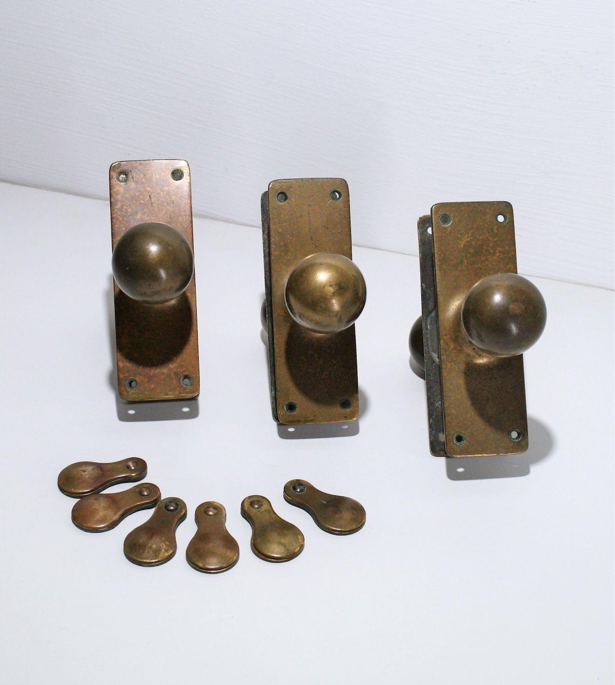 20th Century Original Phosphor Bronze Brass Door Handles & Escutcheons 3 matching sets For Sale