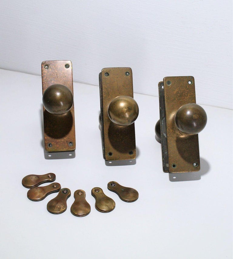 Original Phosphor Bronze Brass Door Handles and Escutcheons 3 matching