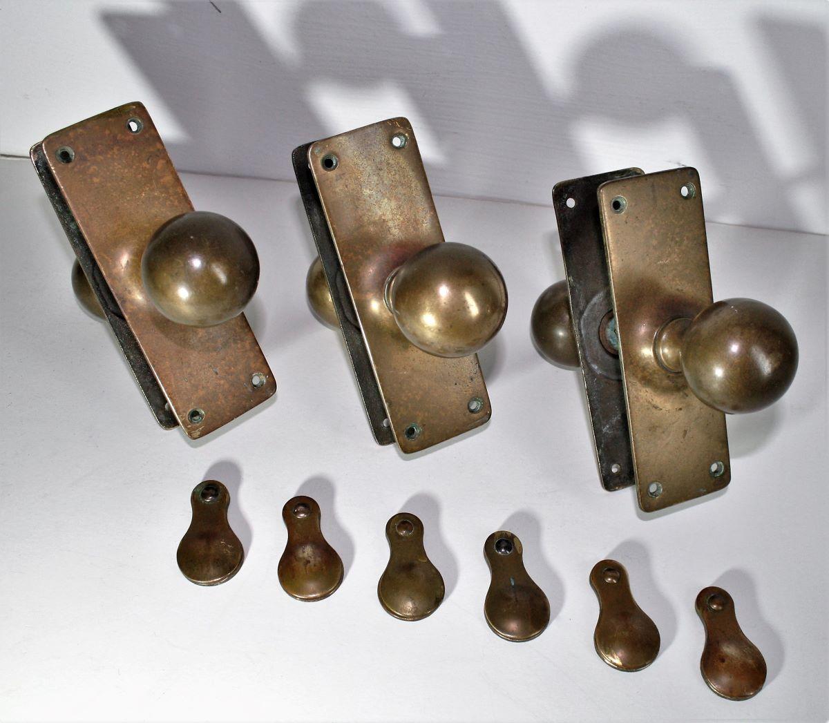 Original Phosphor Bronze Brass Door Handles & Escutcheons 3 matching sets For Sale 1