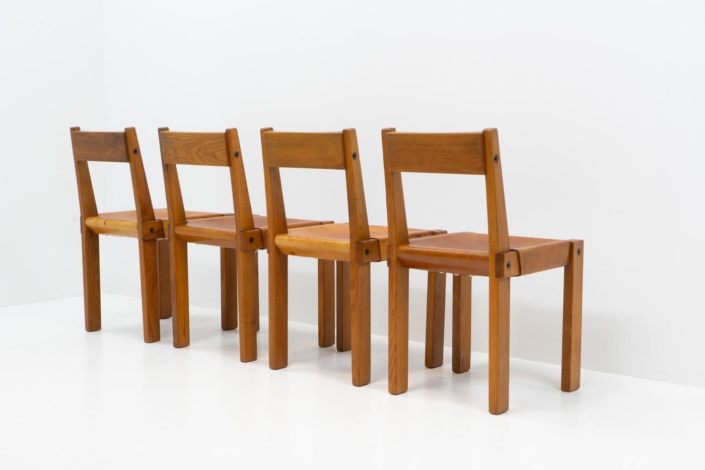 Late 20th Century Original Pierre Chapo French Elm S24 Chairs, France 1970s - Set of 4 For Sale