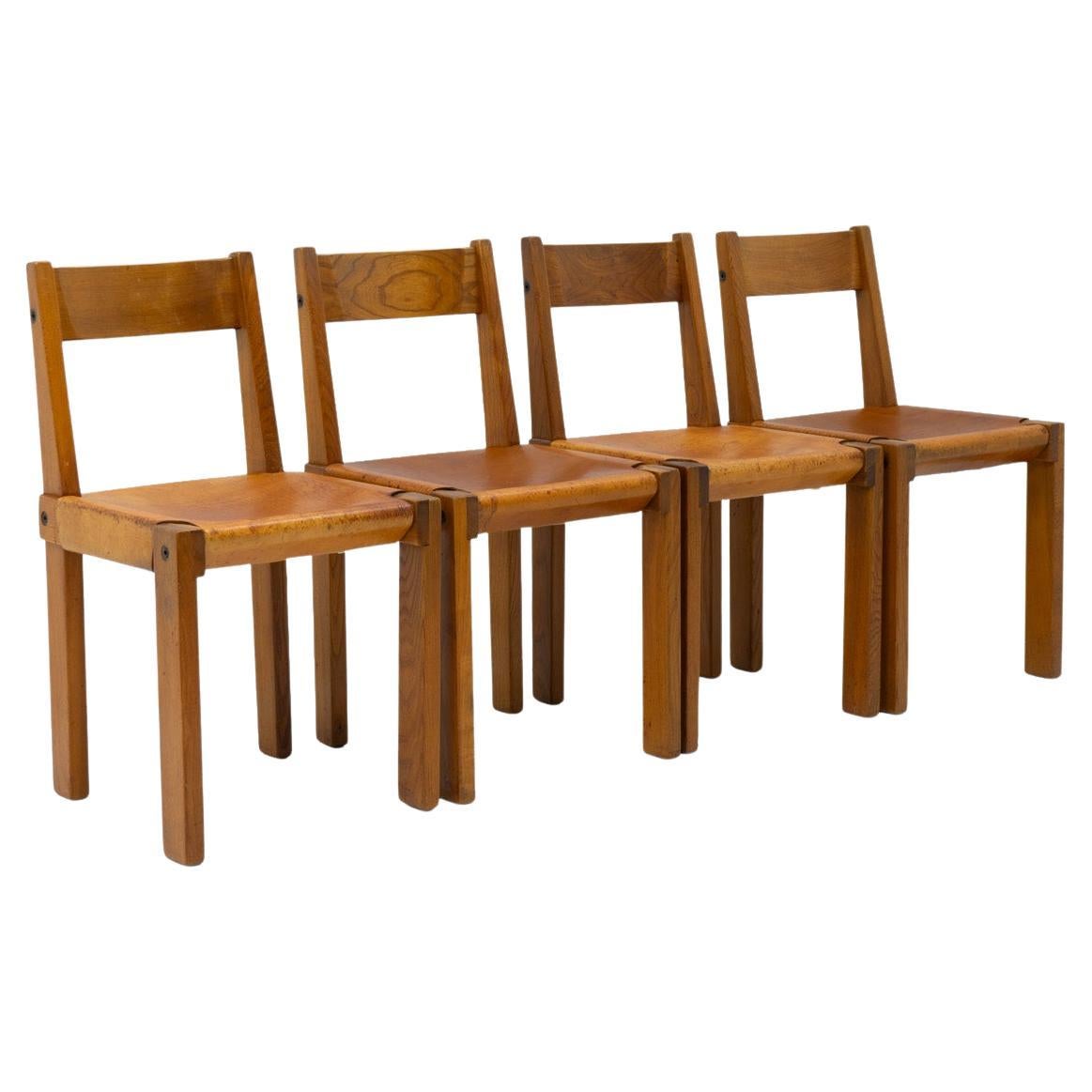 Original Pierre Chapo French Elm S24 Chairs, France 1970s - Set of 4