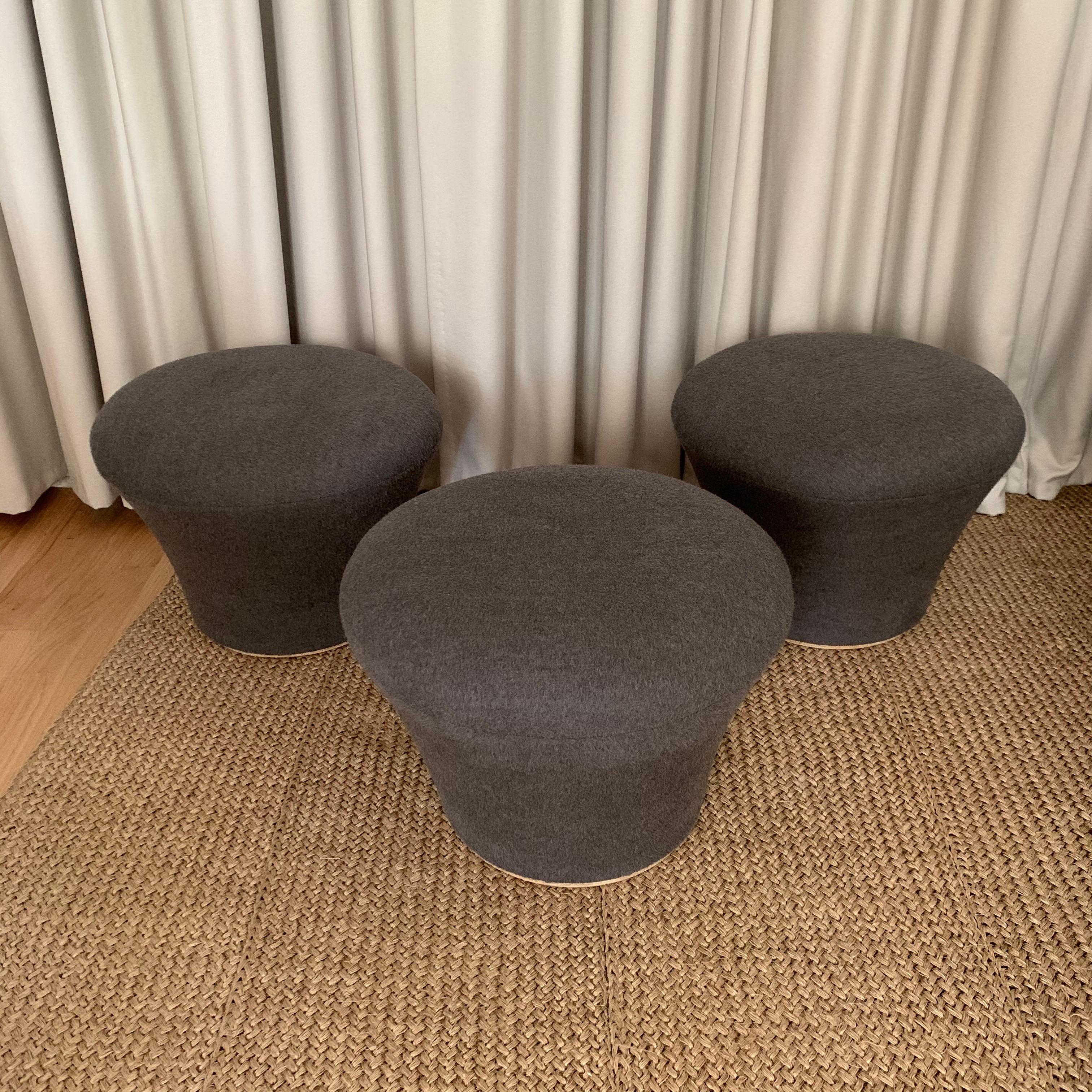 Original mushroom pouf, stool, or ottoman rendered in charcoal gray wool flannel upholstery designed by Pierre Paulin and manufactured by Artifort, Netherlands, 1960s.

Priced individually, 3 pieces available.