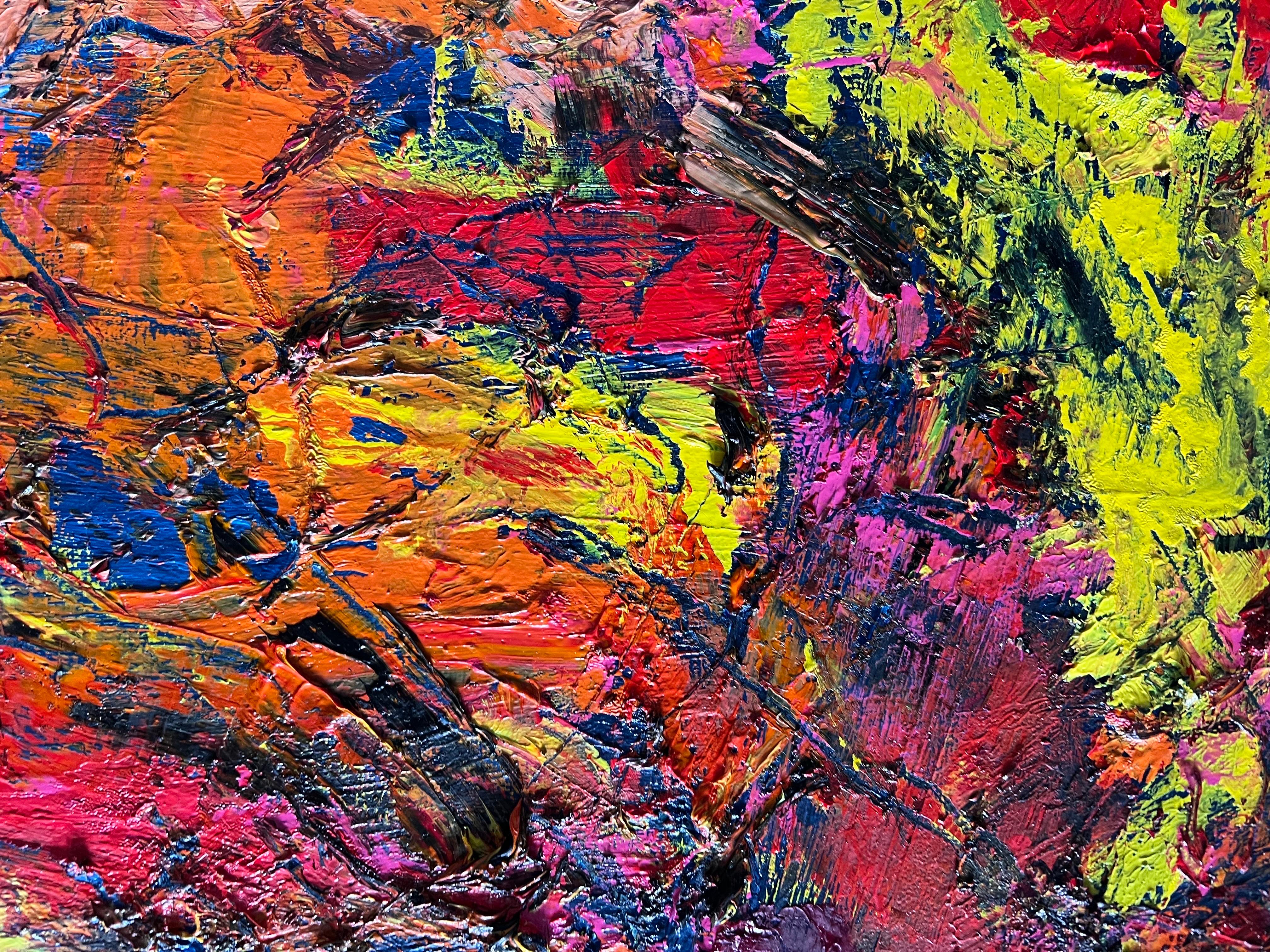Peinture expressionniste abstraite de Norman Liebman, caractérisée par des motifs texturés.  des coups de pinceau dans une peinture à l'huile colorée. Signé au dos.
Non encadré.

Norman Liebman : Peintre expressionniste abstrait né en 1931, Norman