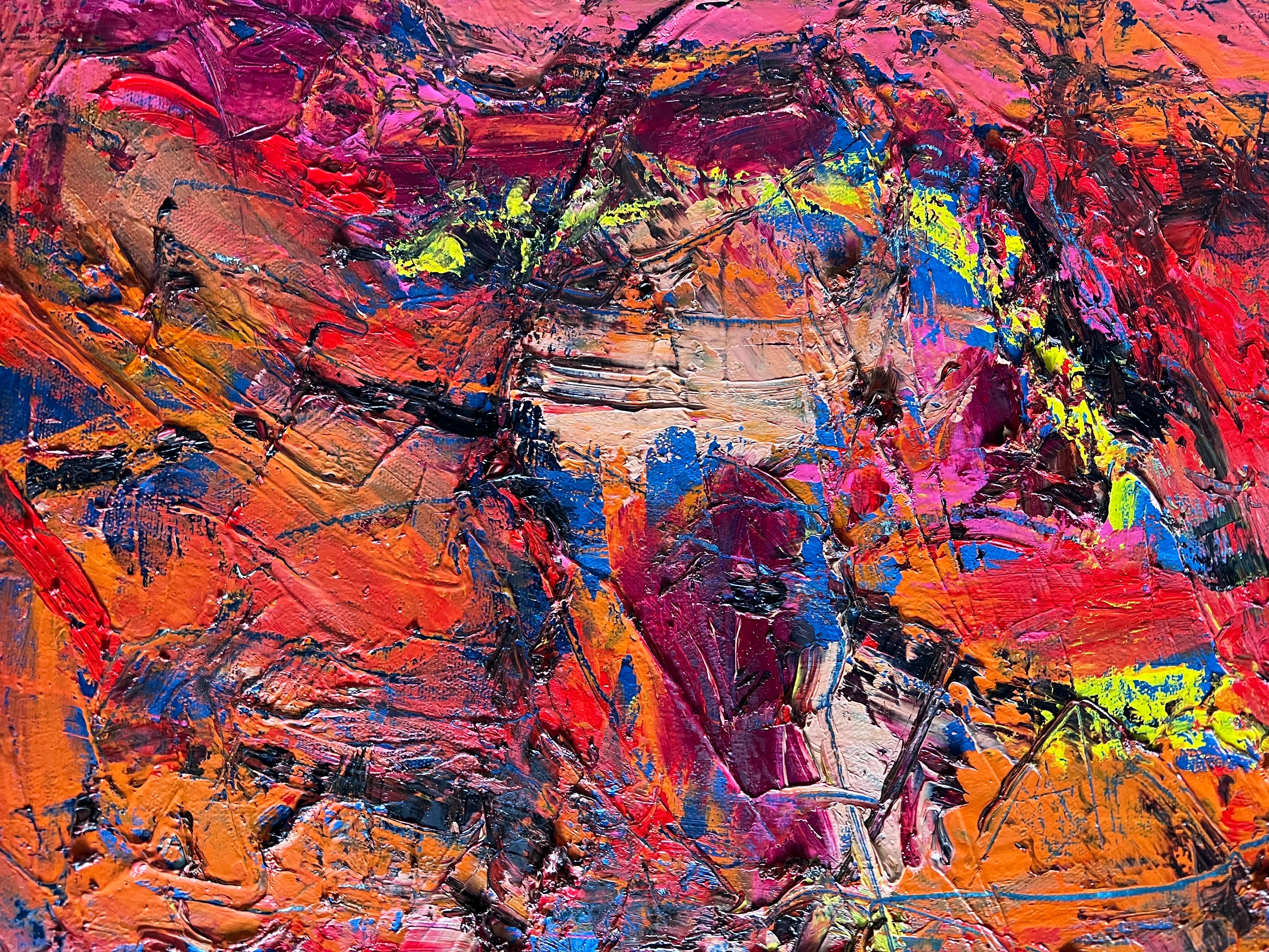 Peint à la main Peinture à l'huile abstraite rose et orange de l'artiste répertorié Norman Liebman en vente