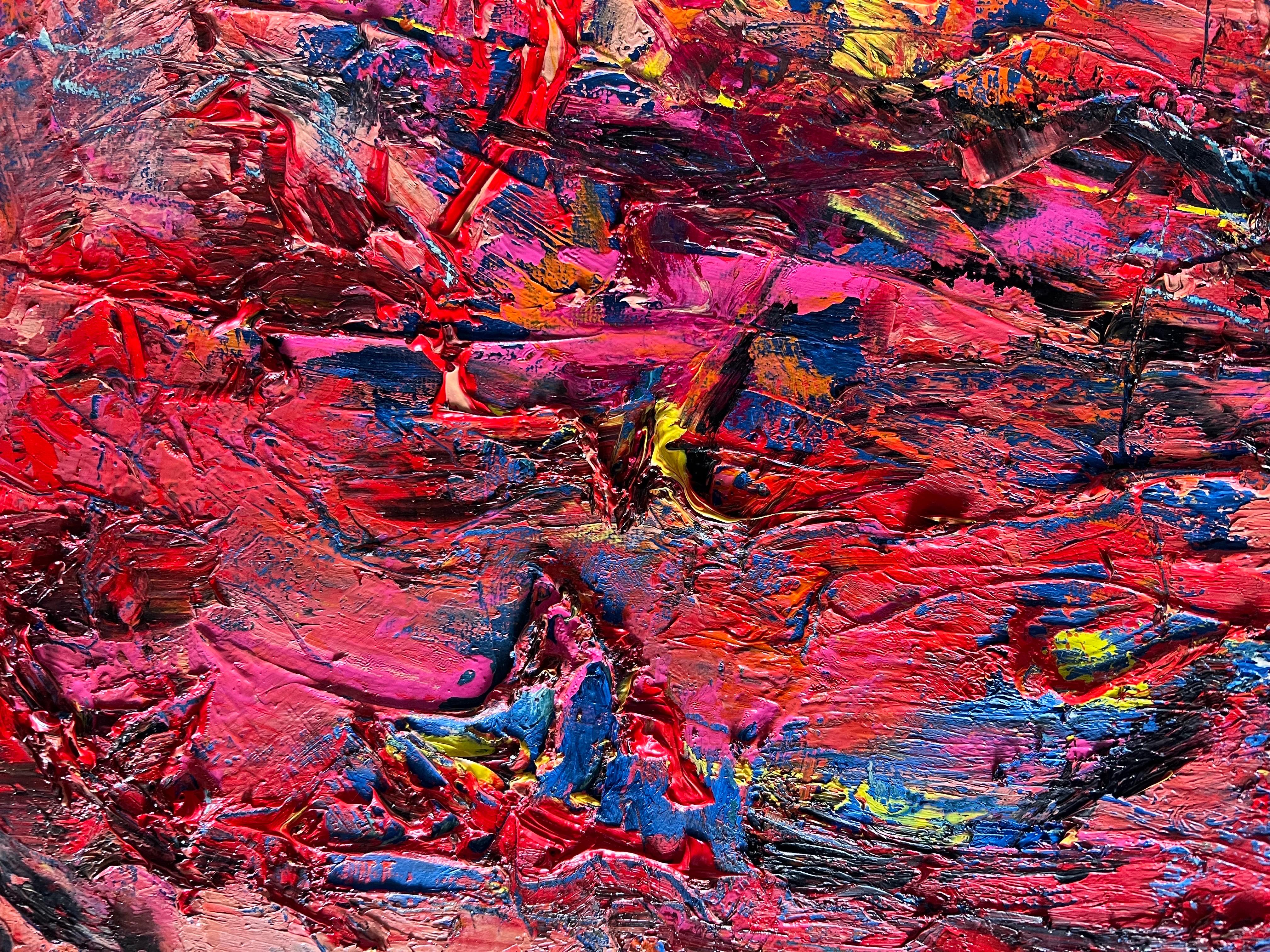 Peinture à l'huile abstraite rose et orange de l'artiste répertorié Norman Liebman Bon état - En vente à West Hartford, CT