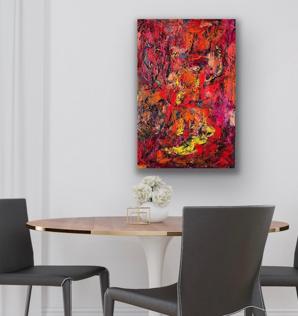 Original Pink and Orange Abstract Oil Painting by Listed Artist Norman Liebman In Good Condition For Sale In West Hartford, CT