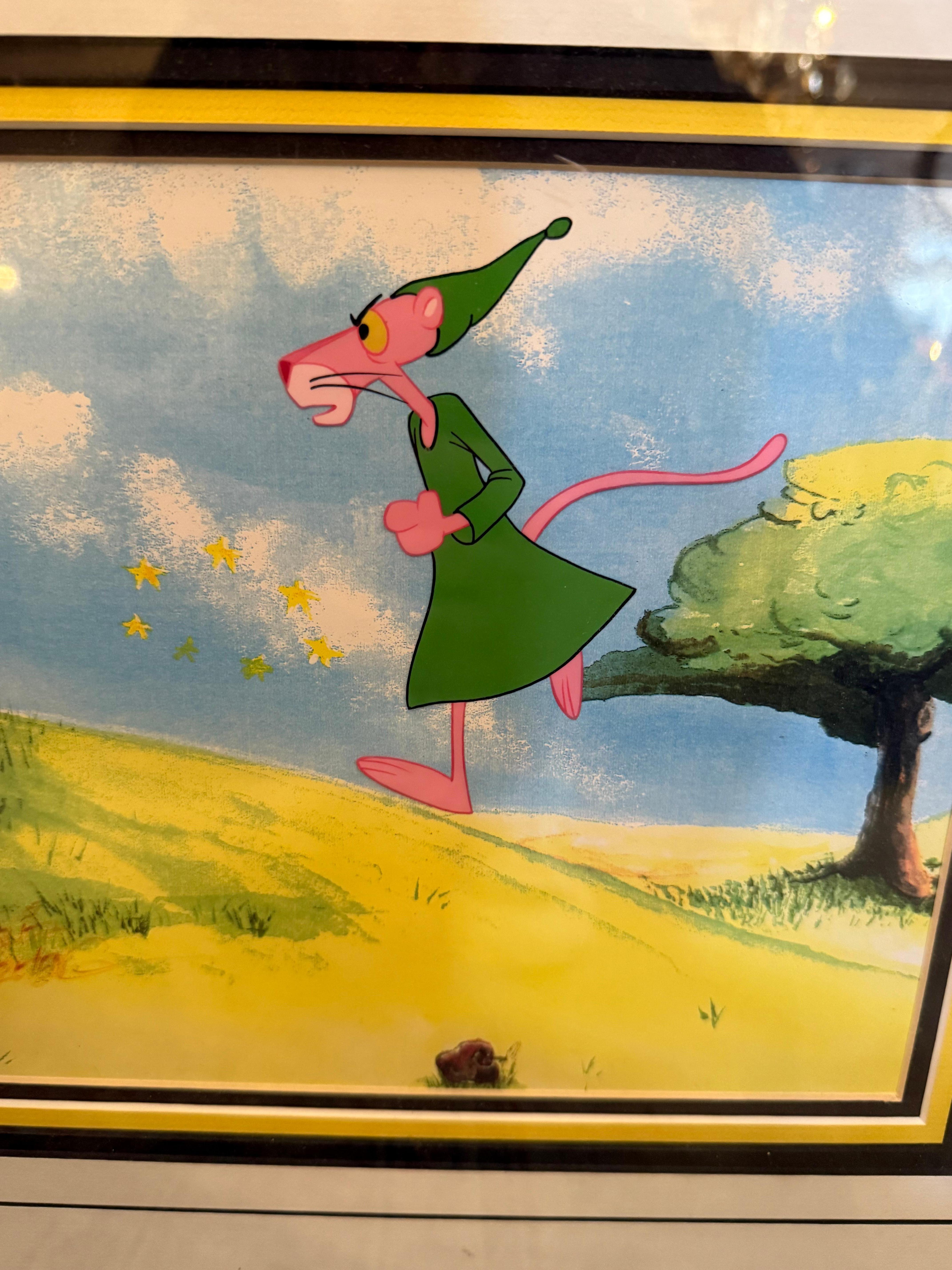 Possiedi un raro pezzo di storia dei cartoni animati con questo autentico cel di animazione singolo dell'amata serie della Pantera Rosa. Questo originale cel dipinto a mano raffigura l'iconico personaggio della Pantera Rosa in colori vivaci, a metà