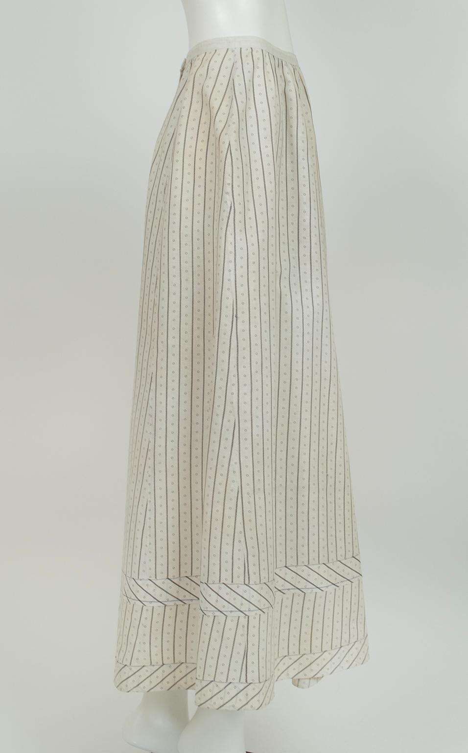 Women's Original Pioneer Homesteader Prairie Maxi Skirt w Blue Ticking Print – S, 1870s For Sale