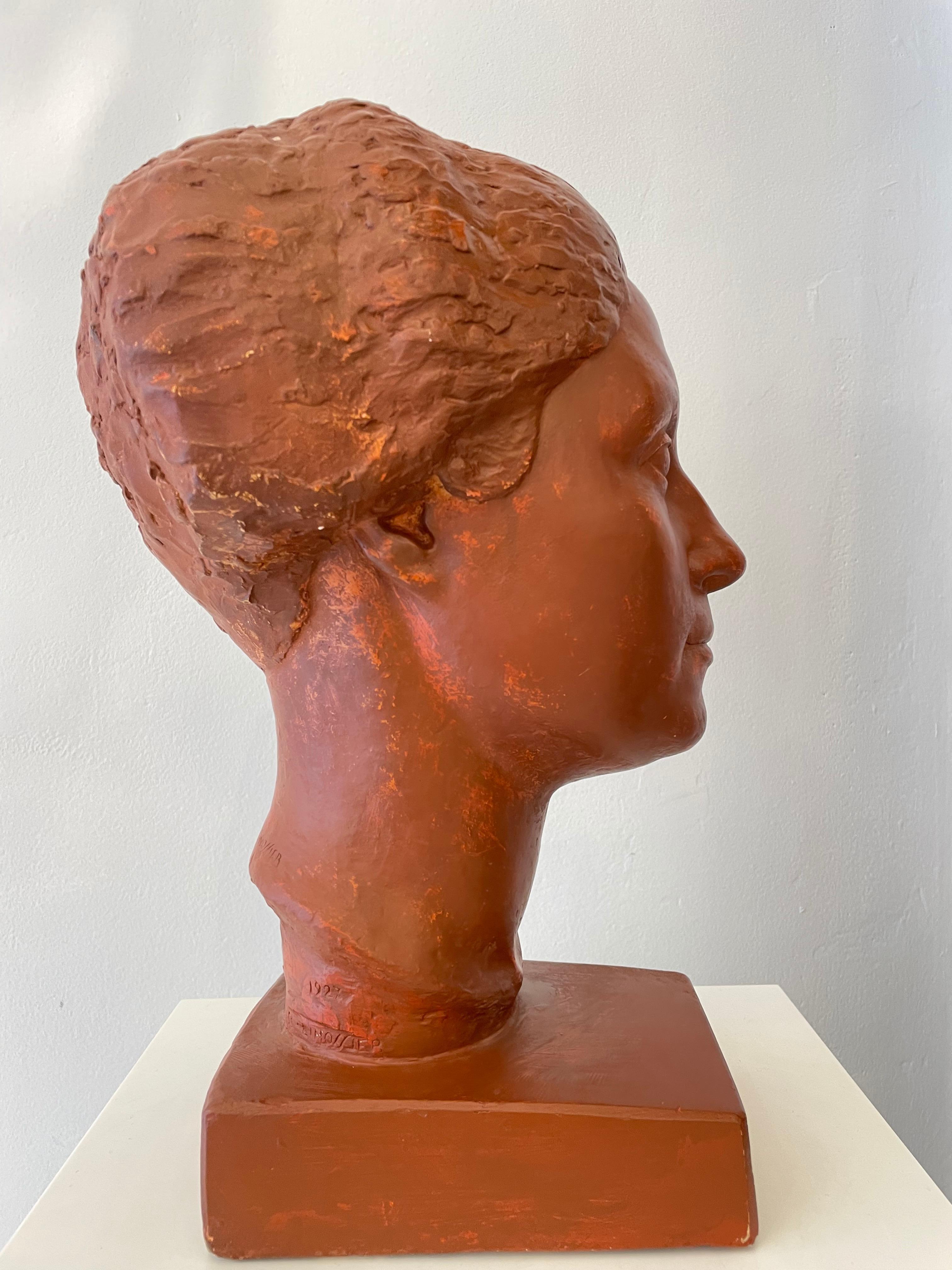 French Original Plaster Bust of a Woman with Short Hair by Claudius Linossier, 1927 For Sale