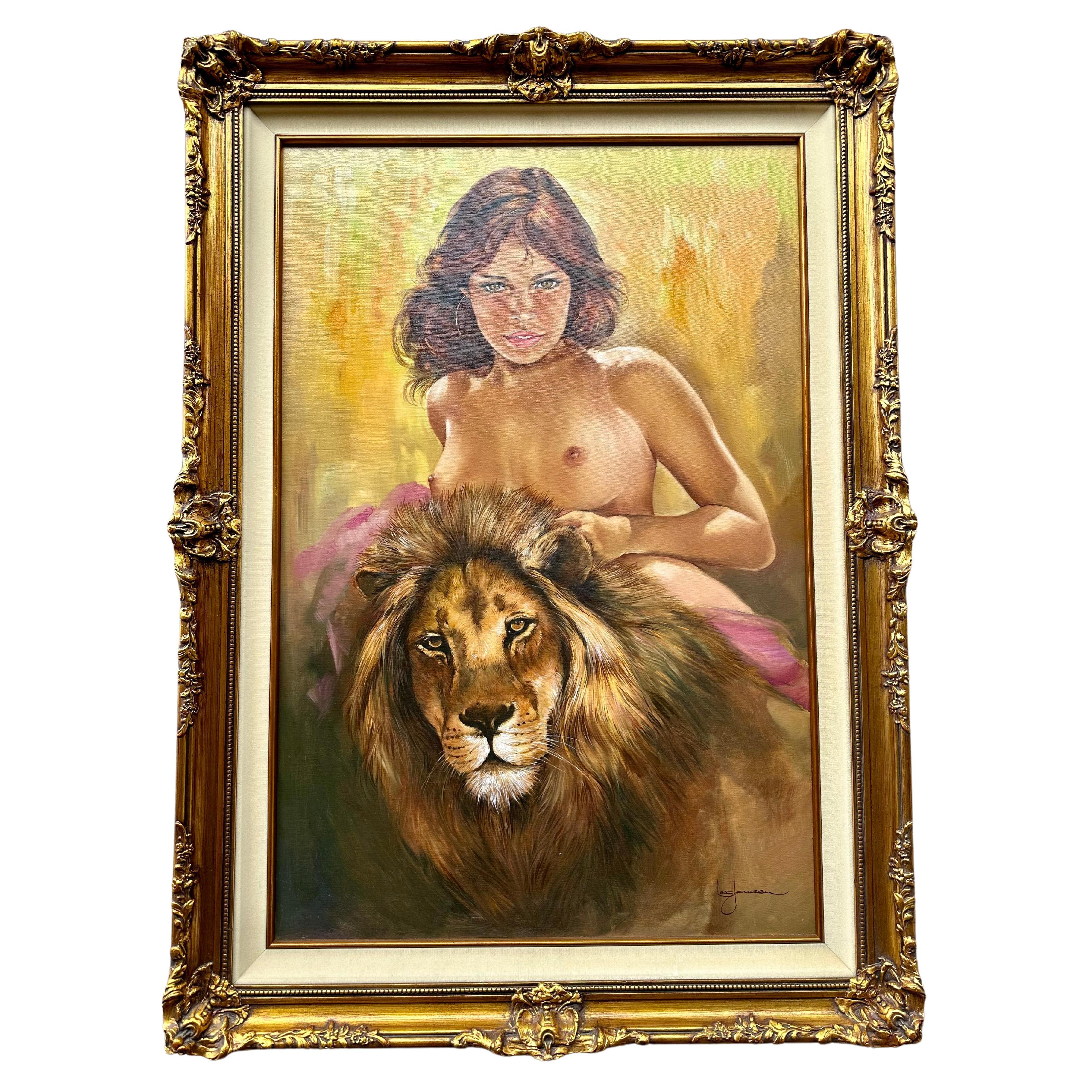 Peinture à l'huile originale du Playboy artiste Leo Jansen représentant une jeune fille nue avec un lion  en vente