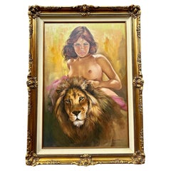 Peinture à l'huile originale du Playboy artiste Leo Jansen représentant une jeune fille nue avec un lion 