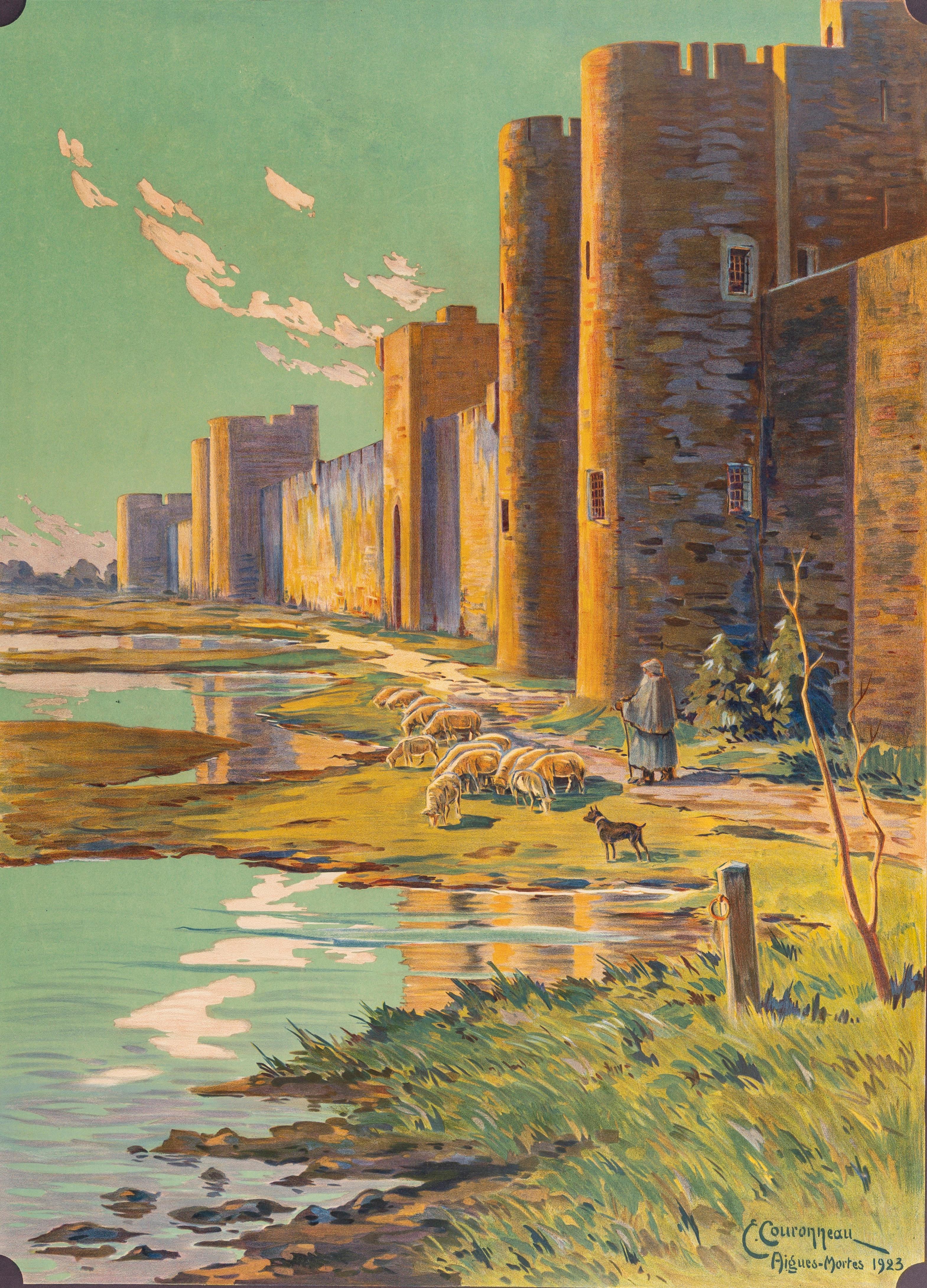 PLM (Paris – Lyon – Méditerranée) poster for the medieval ramparts of Aigues-Mortes, created by the artist Ernest Couronneau in 1923. 

Artist: Ernest Couroneau
Title: Les Remparts d’Aigues-Mortes – Circuit Automobile au départ d’Avignon
Date: