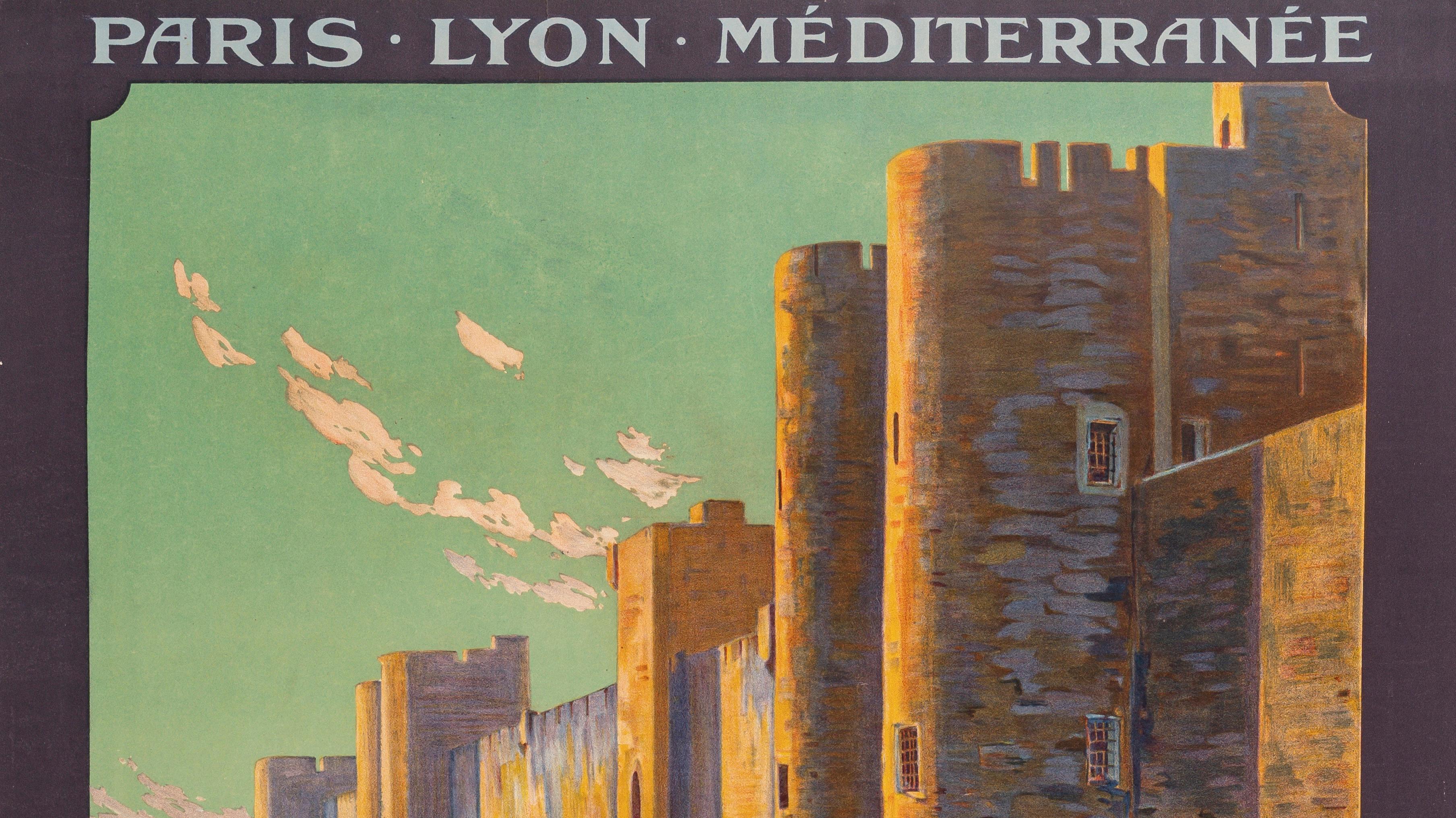 Art Deco Original PLM Tourism Poster, Aigues-Mortes, Medieval Castle, Rampart, Tower 1923 For Sale