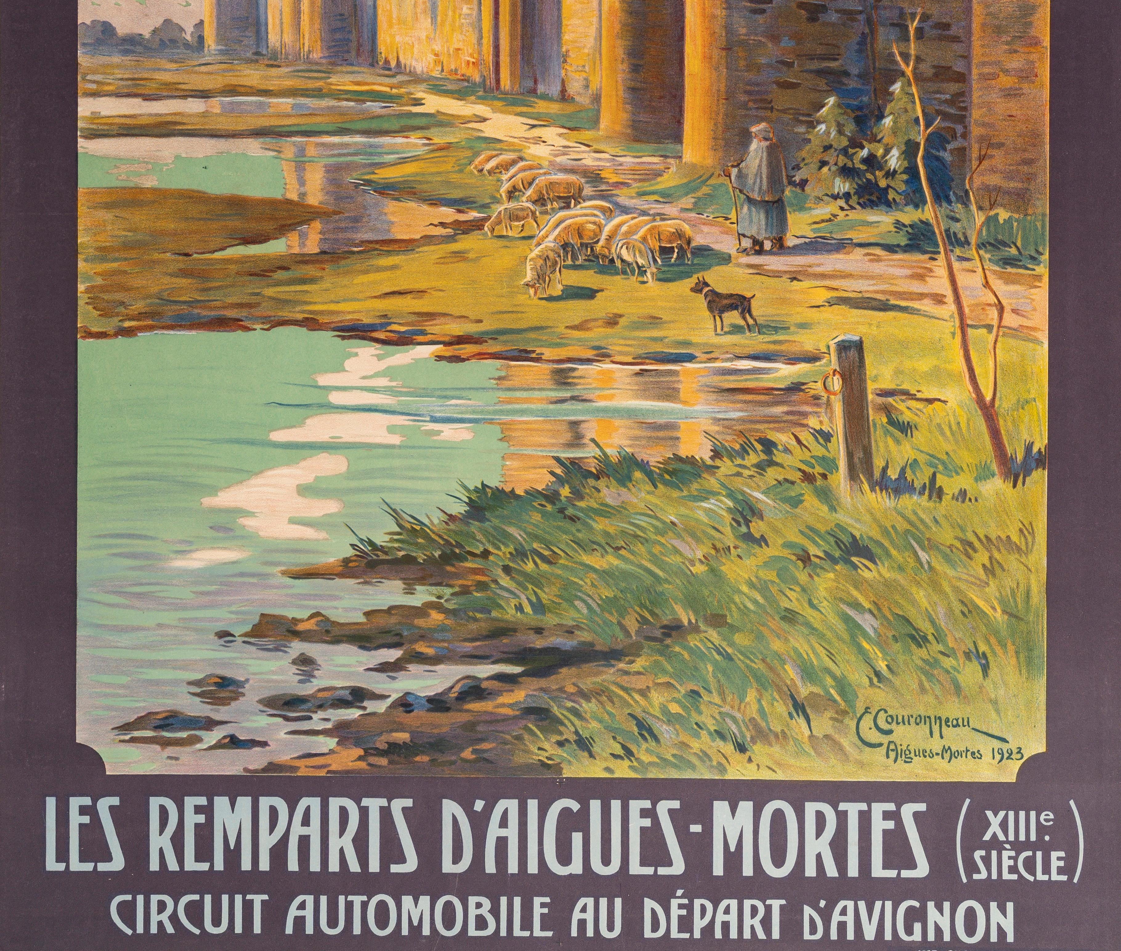 French Original PLM Tourism Poster, Aigues-Mortes, Medieval Castle, Rampart, Tower 1923 For Sale