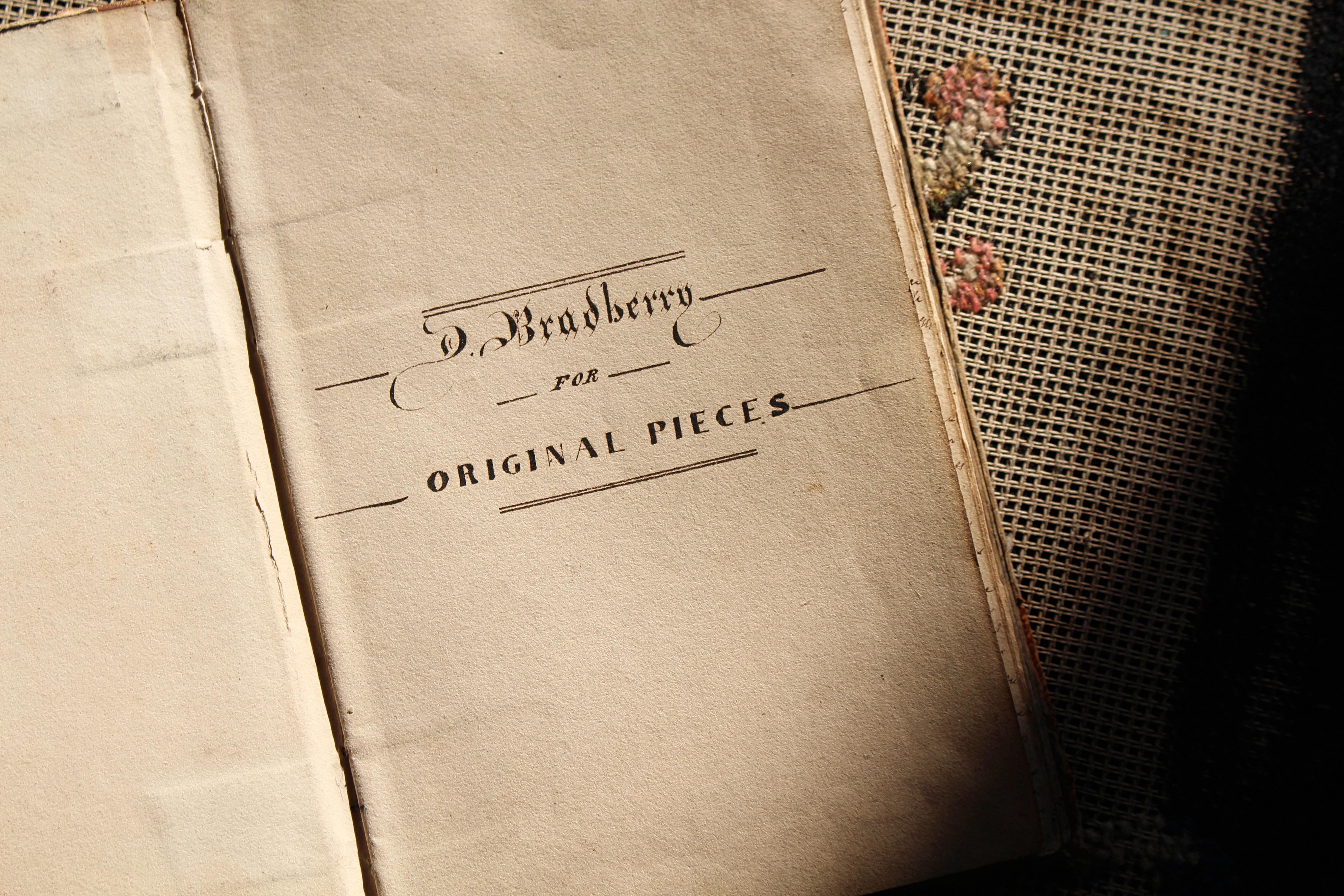 “D.Bradbury for original pieces”, a book crammed with original poems, stories, tales and deaths. 117 pages beautifully penned, written between 1830 and 1849

Age related discolouration and staining as you would expect, binding is good and strong one