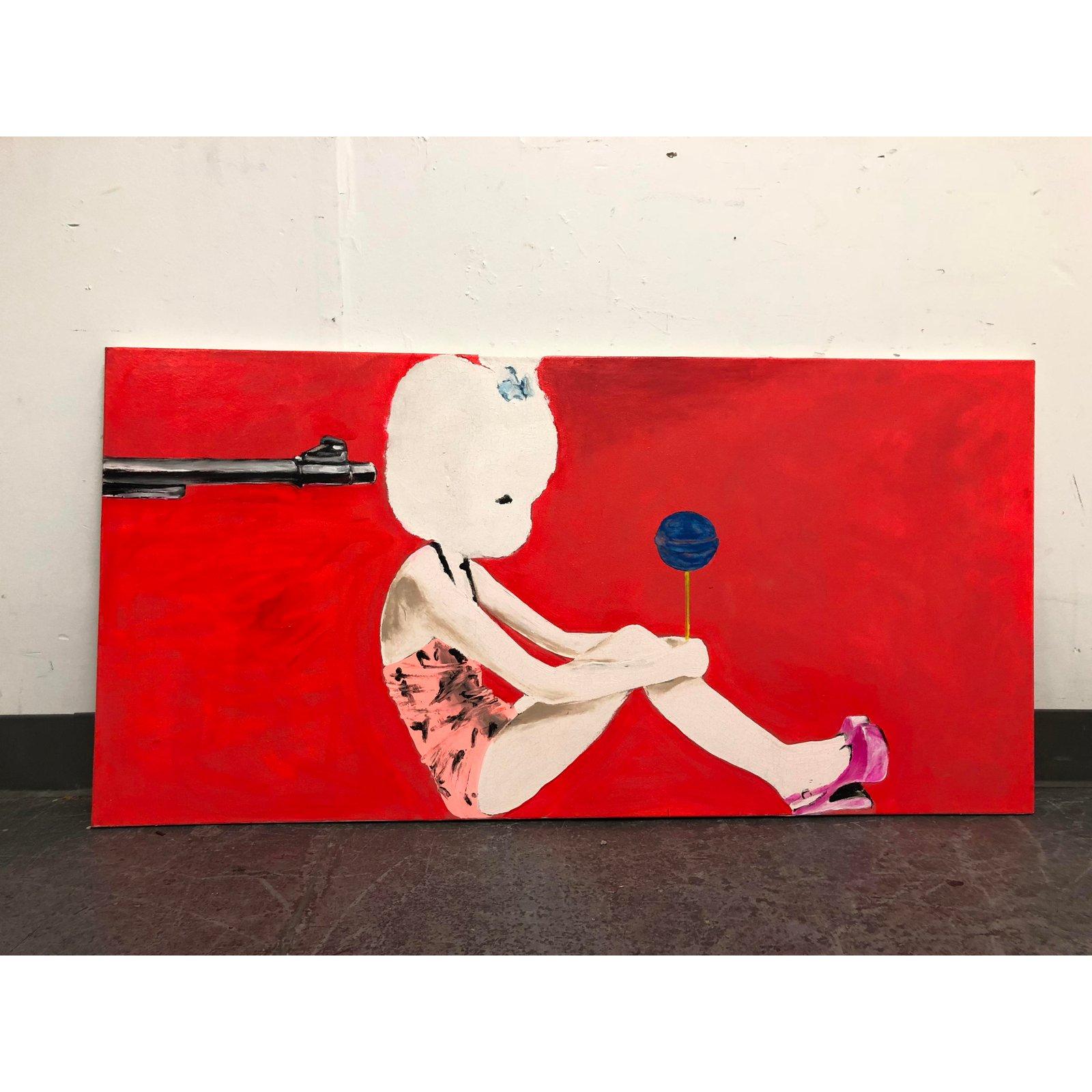 An original artwork by Simone Kocher from 2009. Subject is a fire arm pointed at the back of a girl's head while she wears heels and holds a blow-pop. The artist, says of her work 