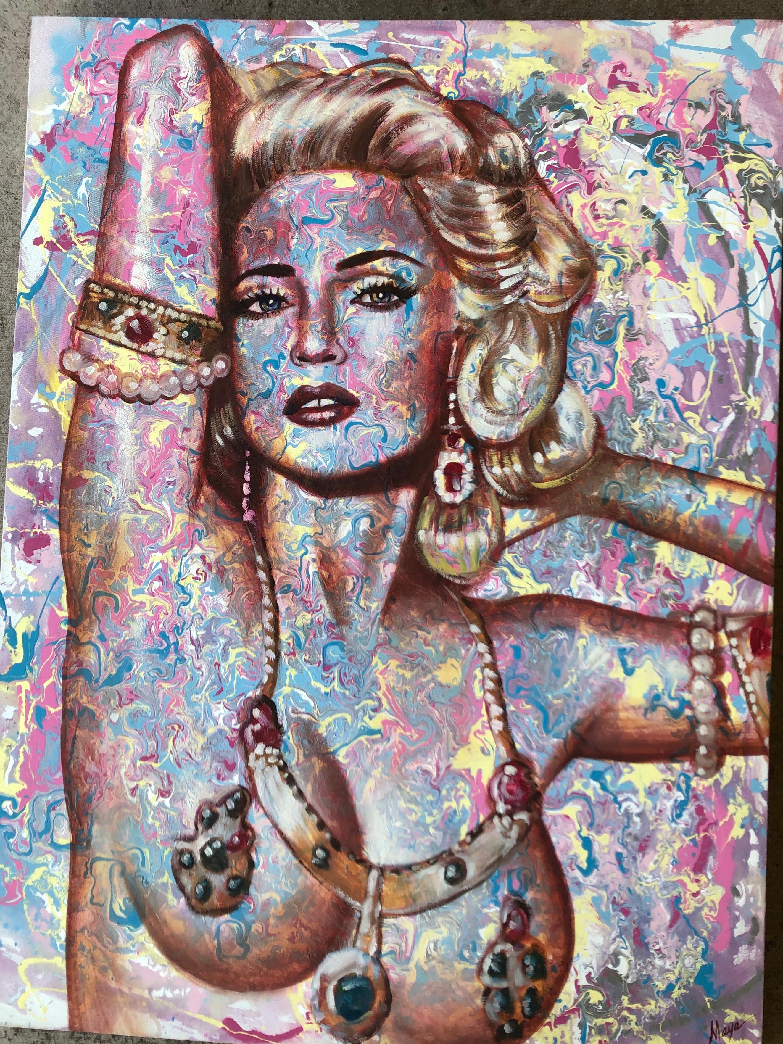 Fabulous original abstract pop art painting on canvas of famous singing sensation, Madonna, by famous celebrity portrait artist, Maya Spielman, in juicy shades of pink, turquoise, yellow. Signed 