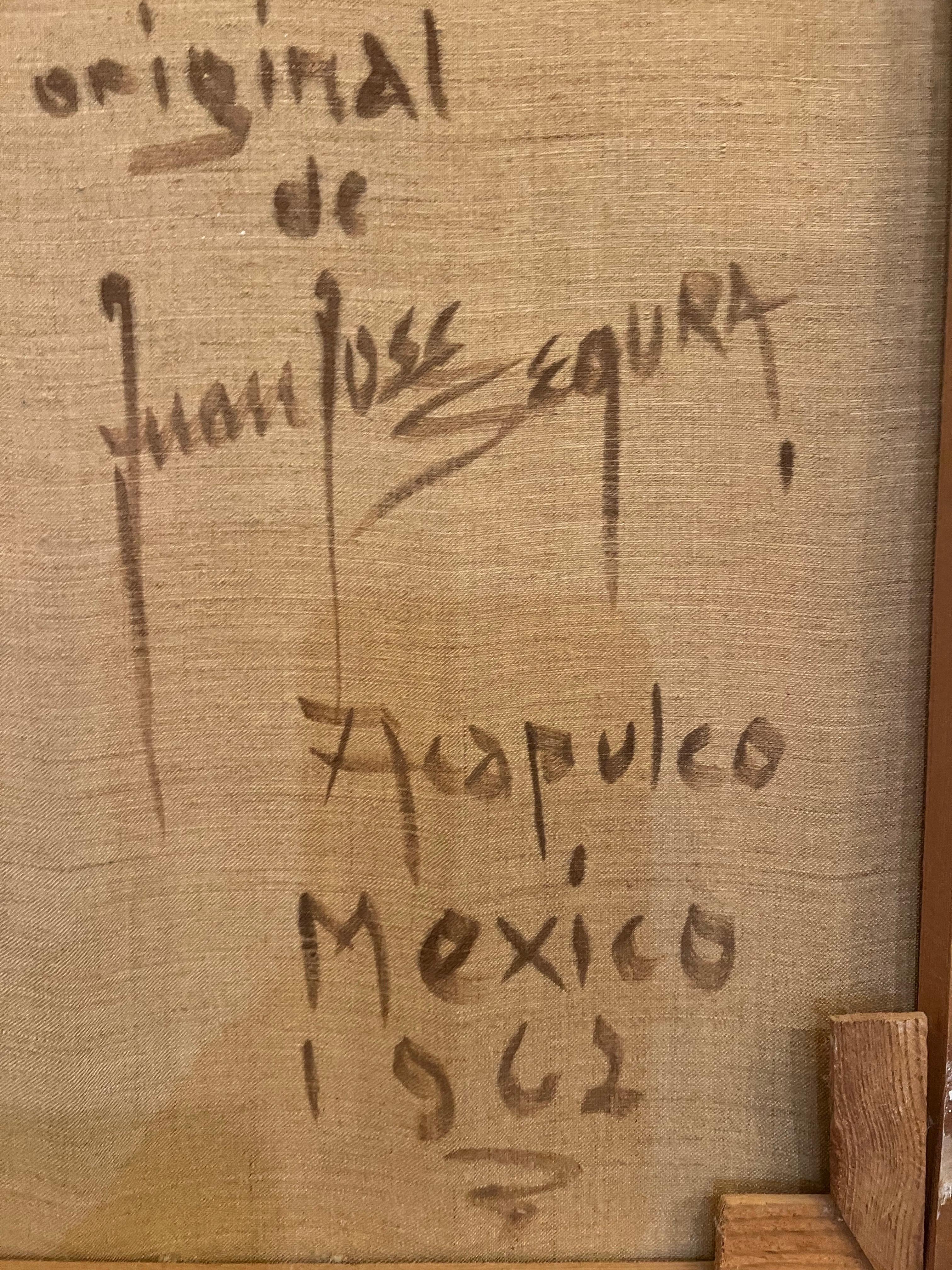 Huile originale sur toile joliment encadrée à la feuille d'or, années 1960, par un artiste mexicain signé et daté,  avant et arrière  beau sujet, bien réalisé.