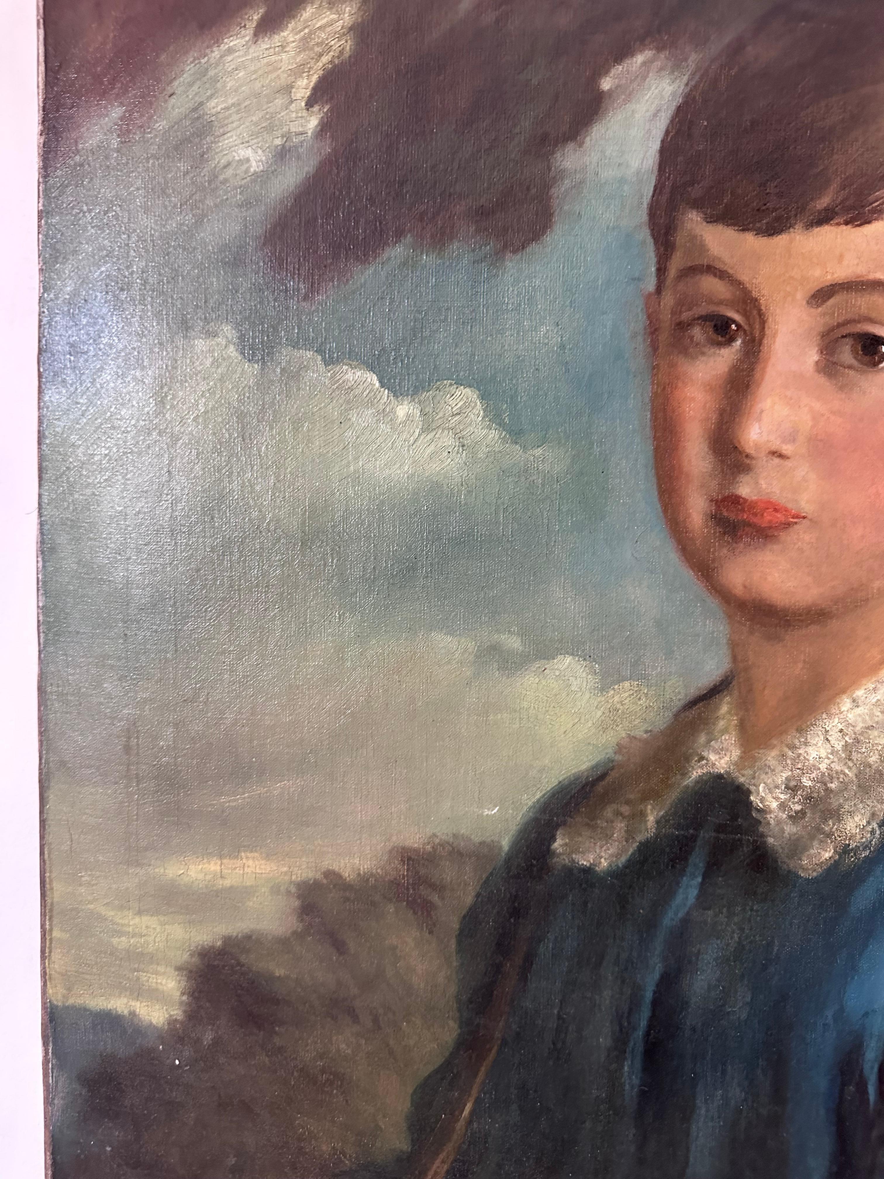 Retrato original de niño vestido de azul Artista desconocido Siglo XX en venta 4