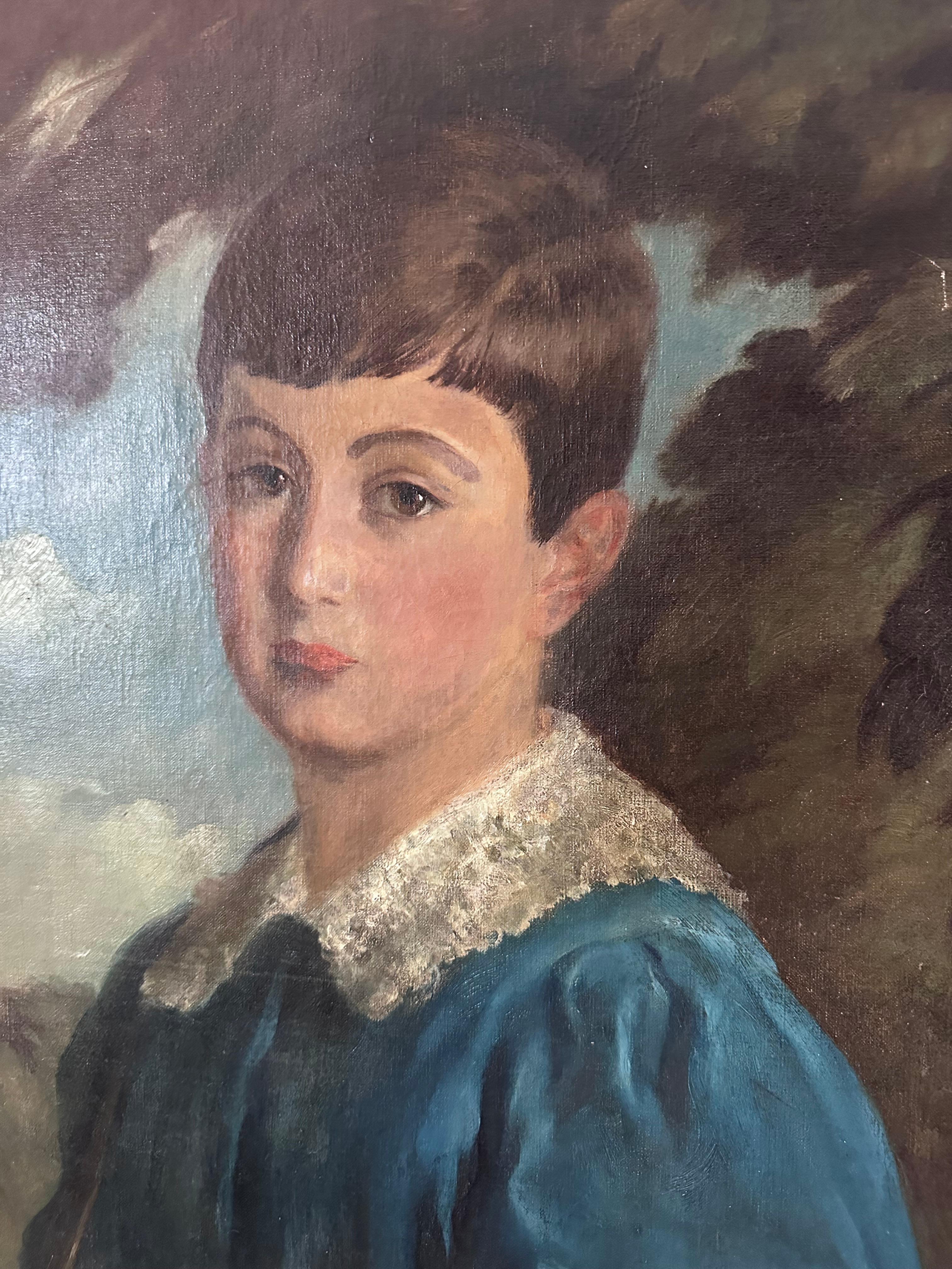 Se trata de un retrato de estilo clásico de un joven sobre un fondo natural al aire libre. El sujeto está representado de cintura para arriba, vestido con una rica prenda azul turquesa con mangas voluminosas y un delicado cuello de encaje