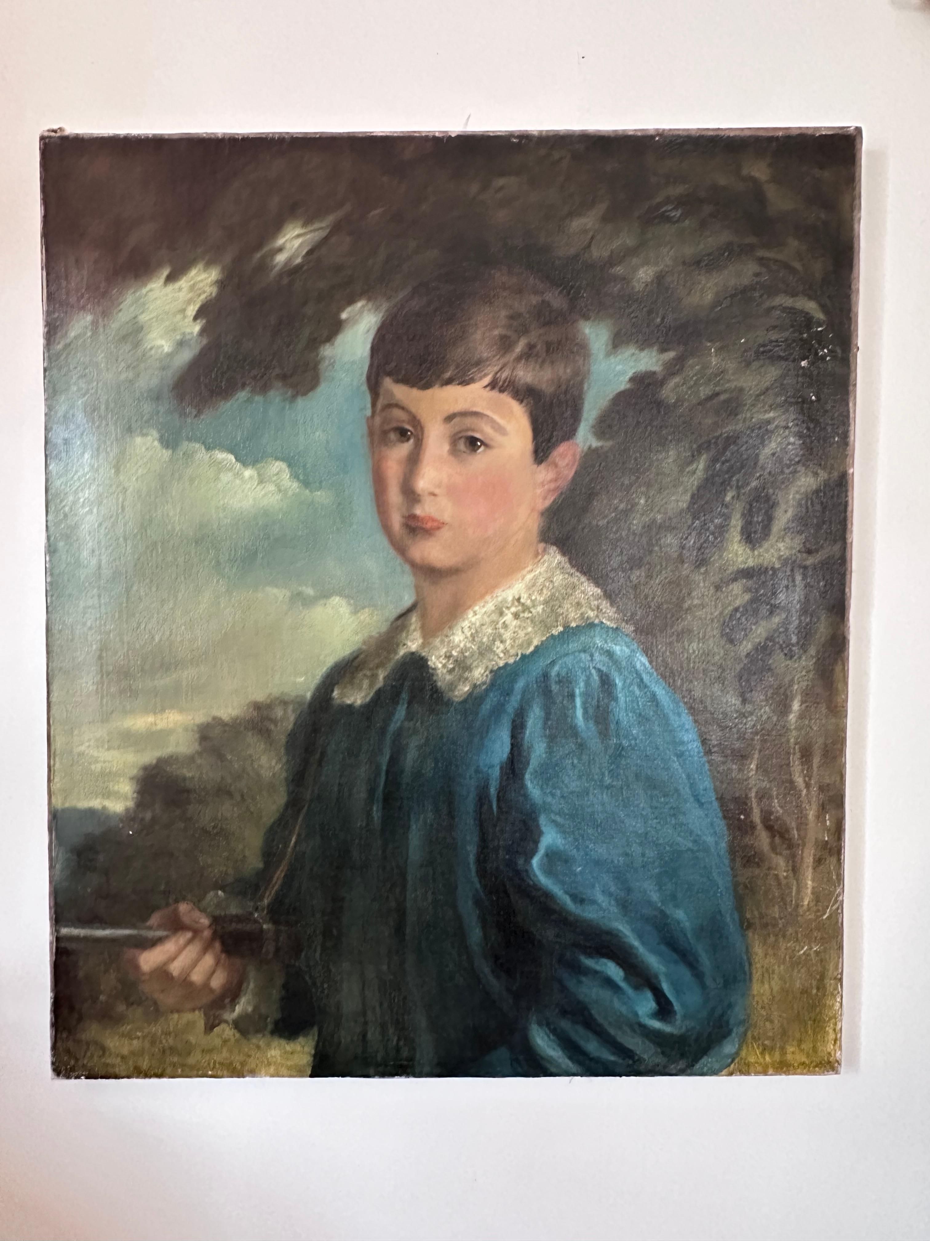 Retrato original de niño vestido de azul Artista desconocido Siglo XX Europeo en venta