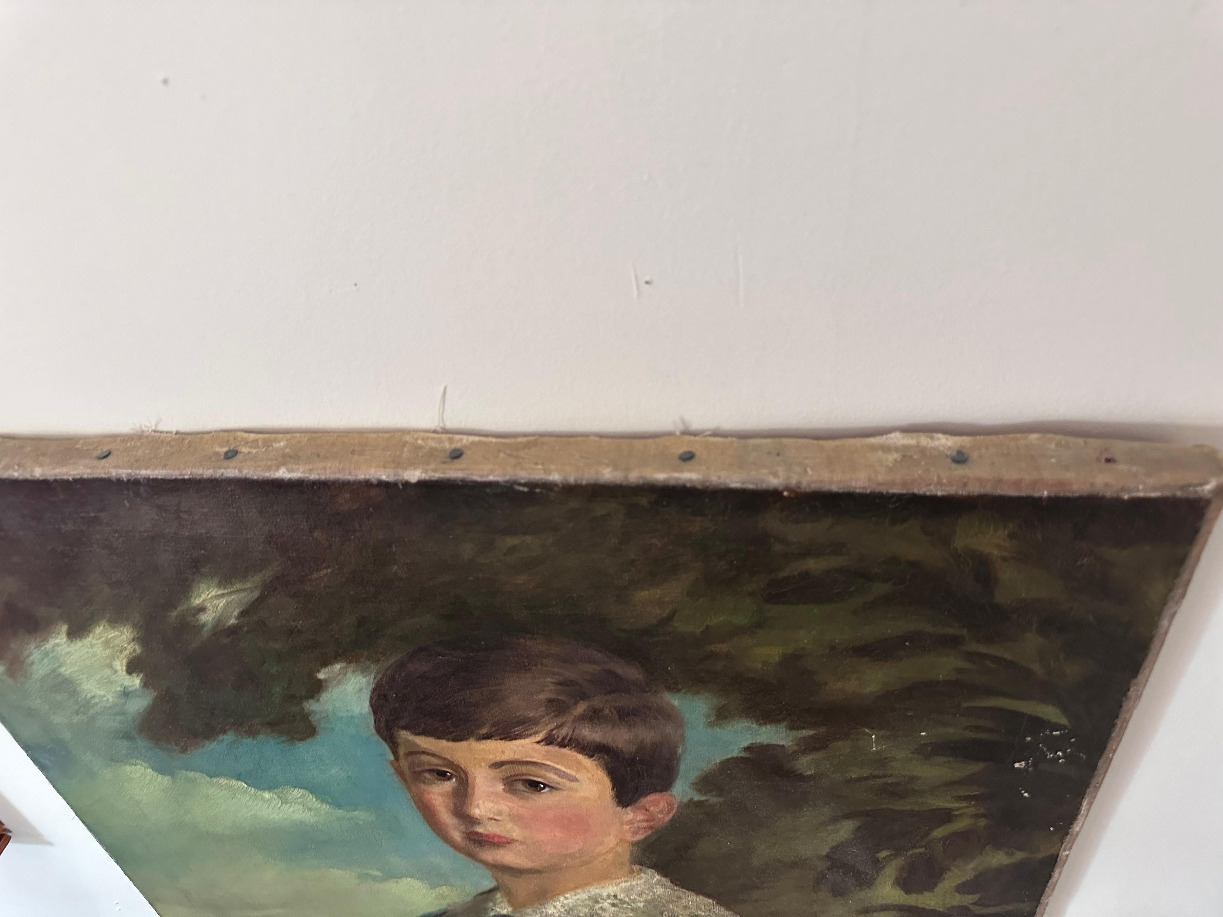 Retrato original de niño vestido de azul Artista desconocido Siglo XX en venta 2