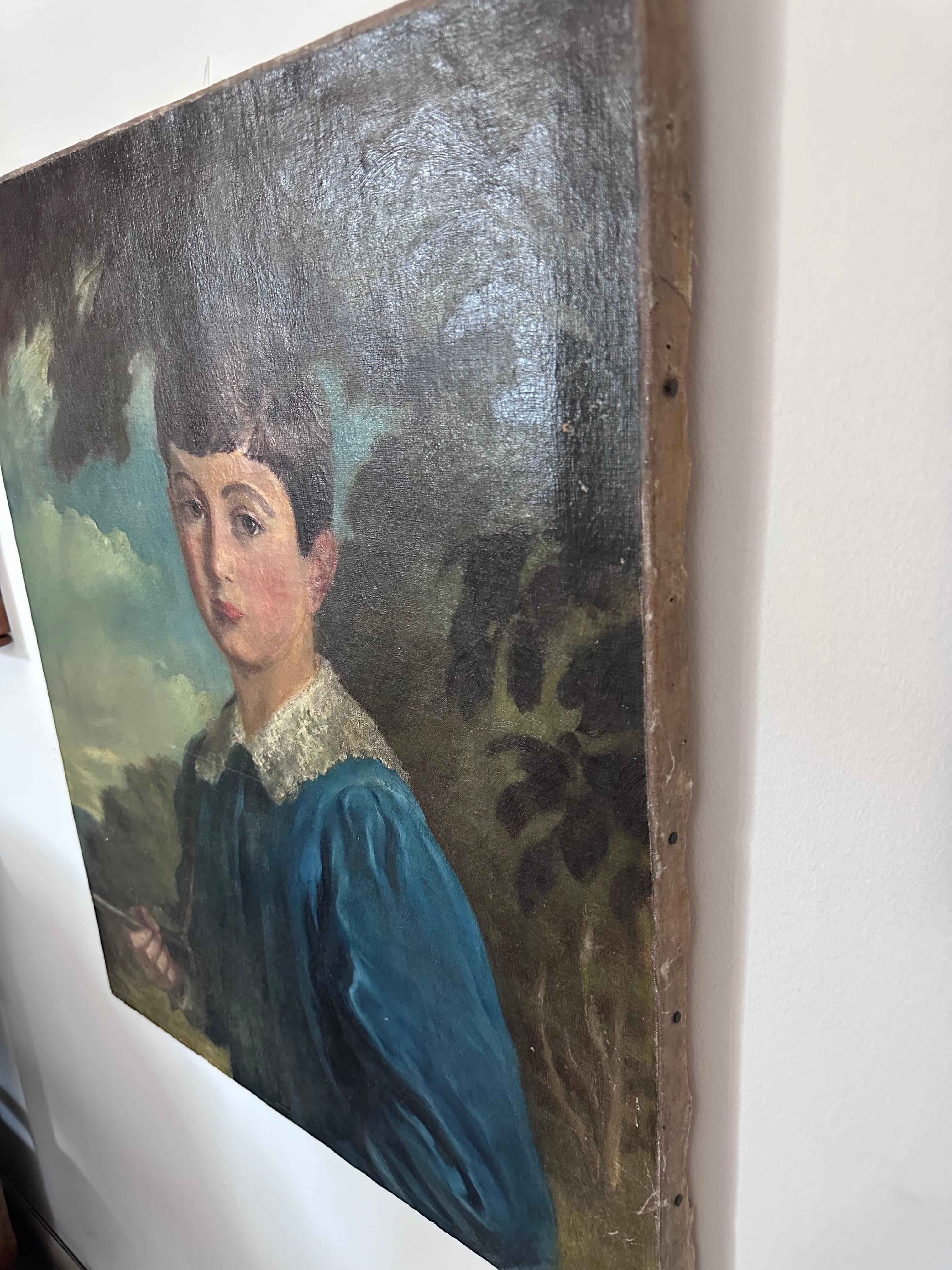 Retrato original de niño vestido de azul Artista desconocido Siglo XX en venta 3