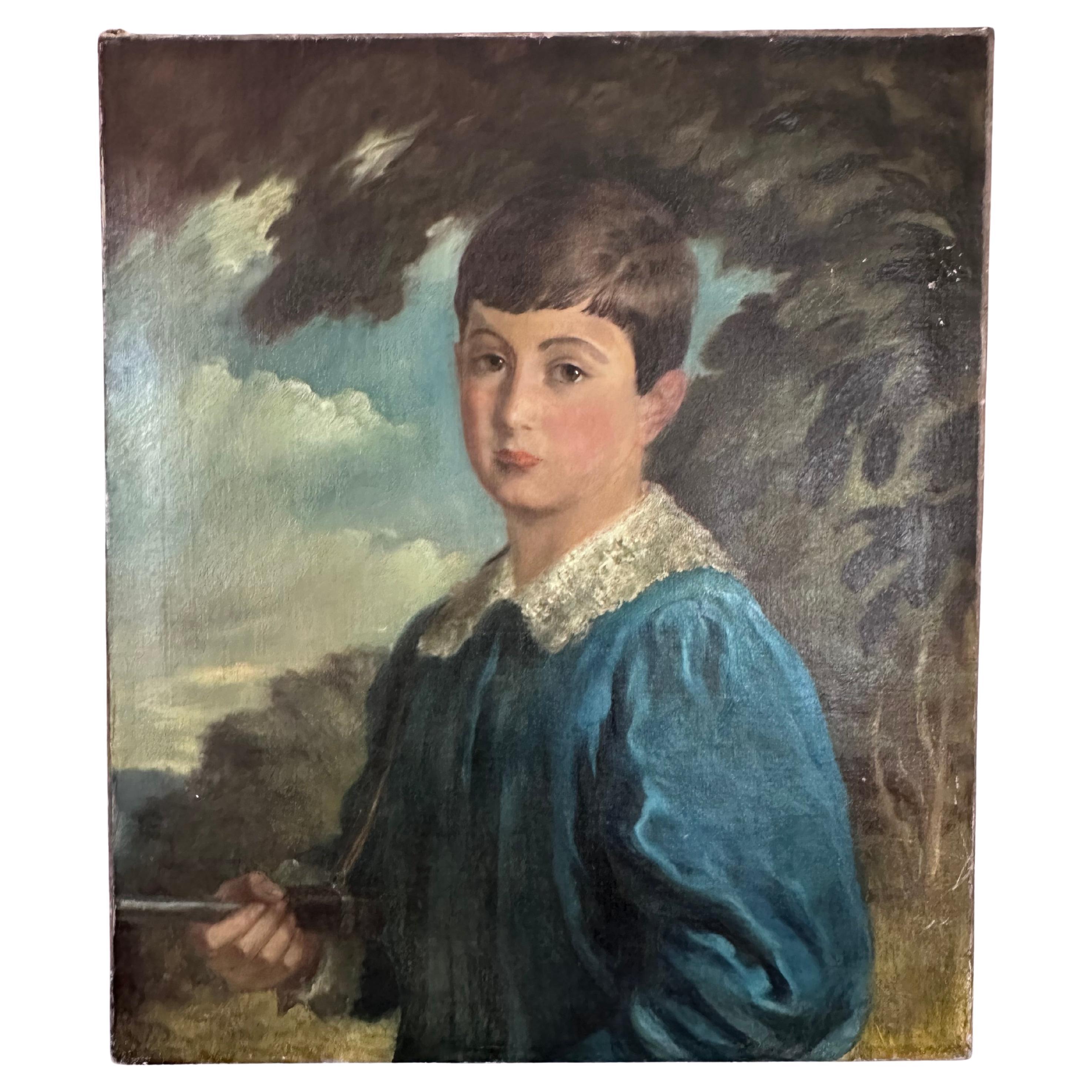 Retrato original de niño vestido de azul Artista desconocido Siglo XX en venta