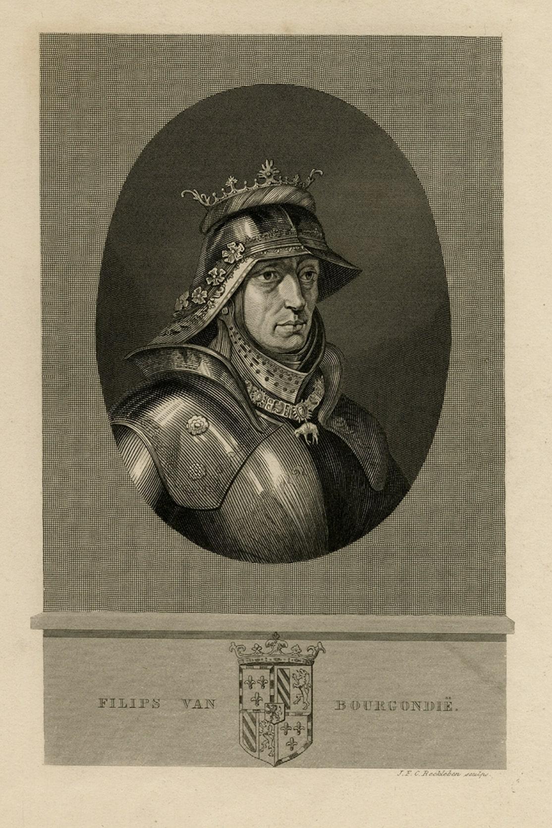 Antique print, titled: 'Filips van Bourgondie' - 

Portrait of Philip the Good (French: Philippe le Bon, Dutch: Filips de Goede; 1396-1467), Duke of Burgundy as Philip III from 1419 until his death. He is shown helmeted and in armour with open
