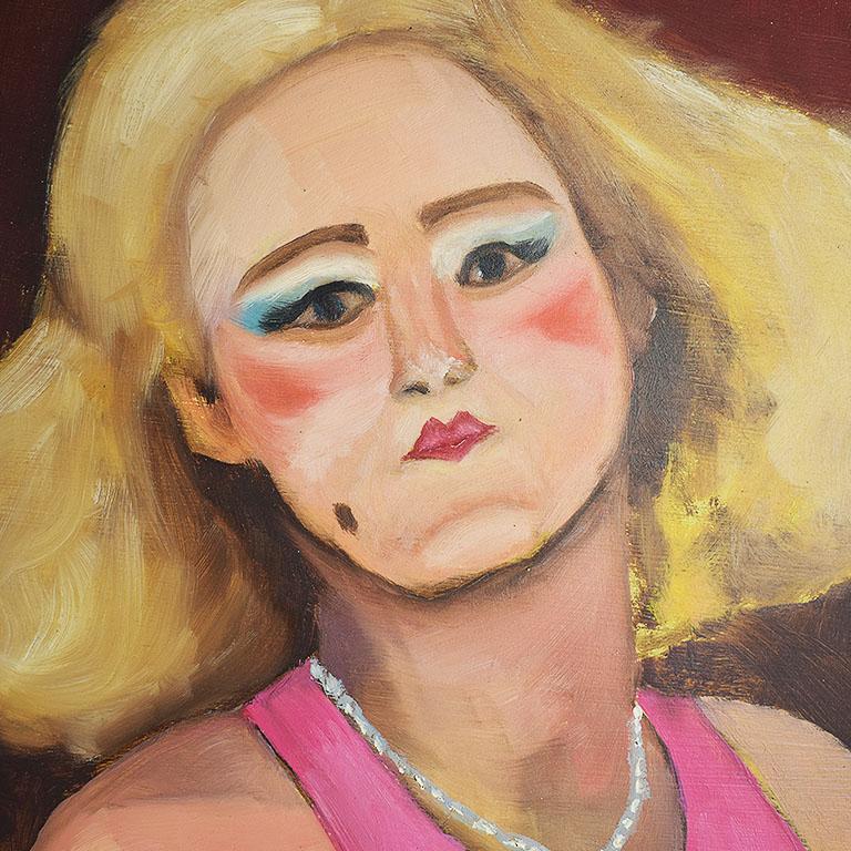 Portrait painting of a pinup woman in full makeup in pink. This striking piece depicts a woman with big blonde hair curled and pinned to the side. She wears blue eye makeup, a bright lip and blush, and a beauty mark. Her pink sleeveless dress has a