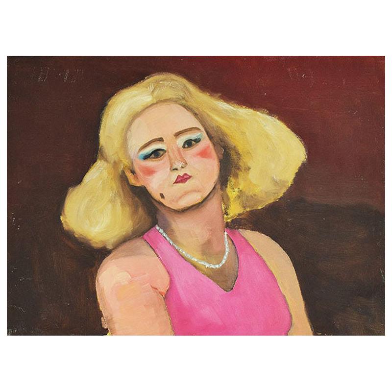 Original Portrait Painting of a Pin-up Woman in Pink, Signed For Sale