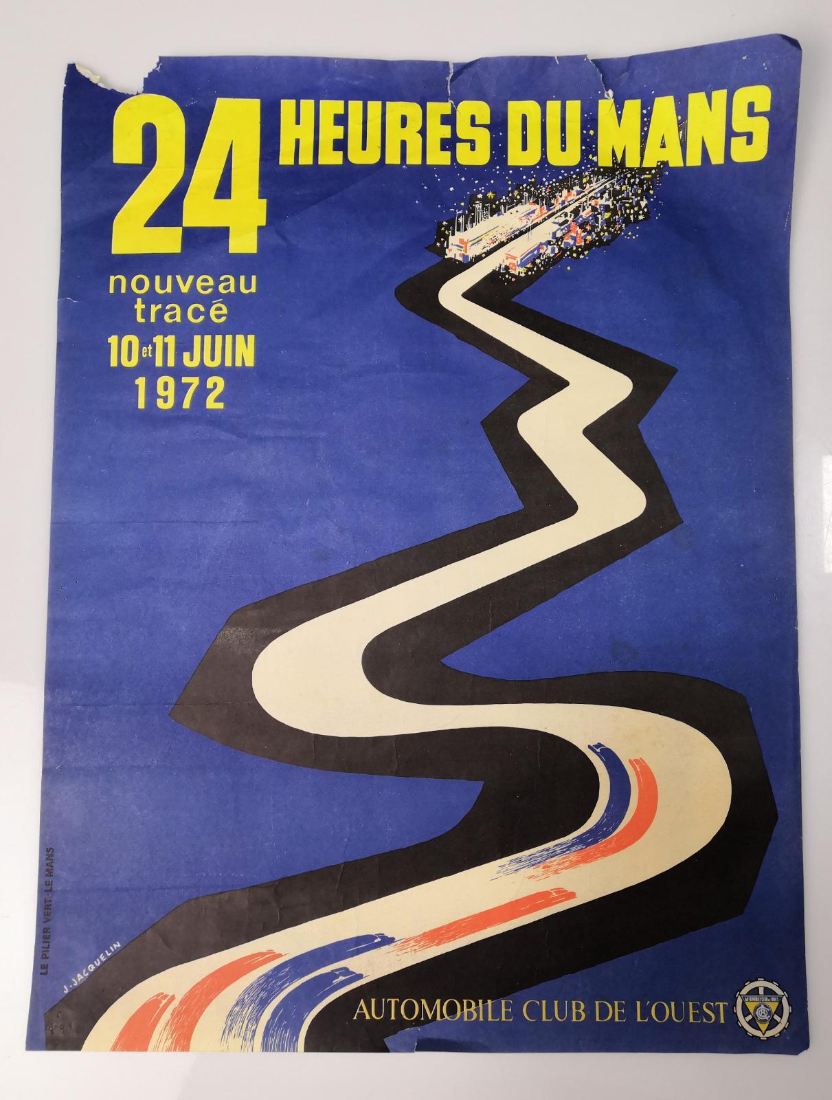 Fantastic original mid-century poster designed by French artist Jean Jacquelin for the legendary 1972 24 Hours of Le Mans race, held June 10-11. The race was won by Henri Pescarolo and the great Graham Hill driving for Matra. Jacquelin represented