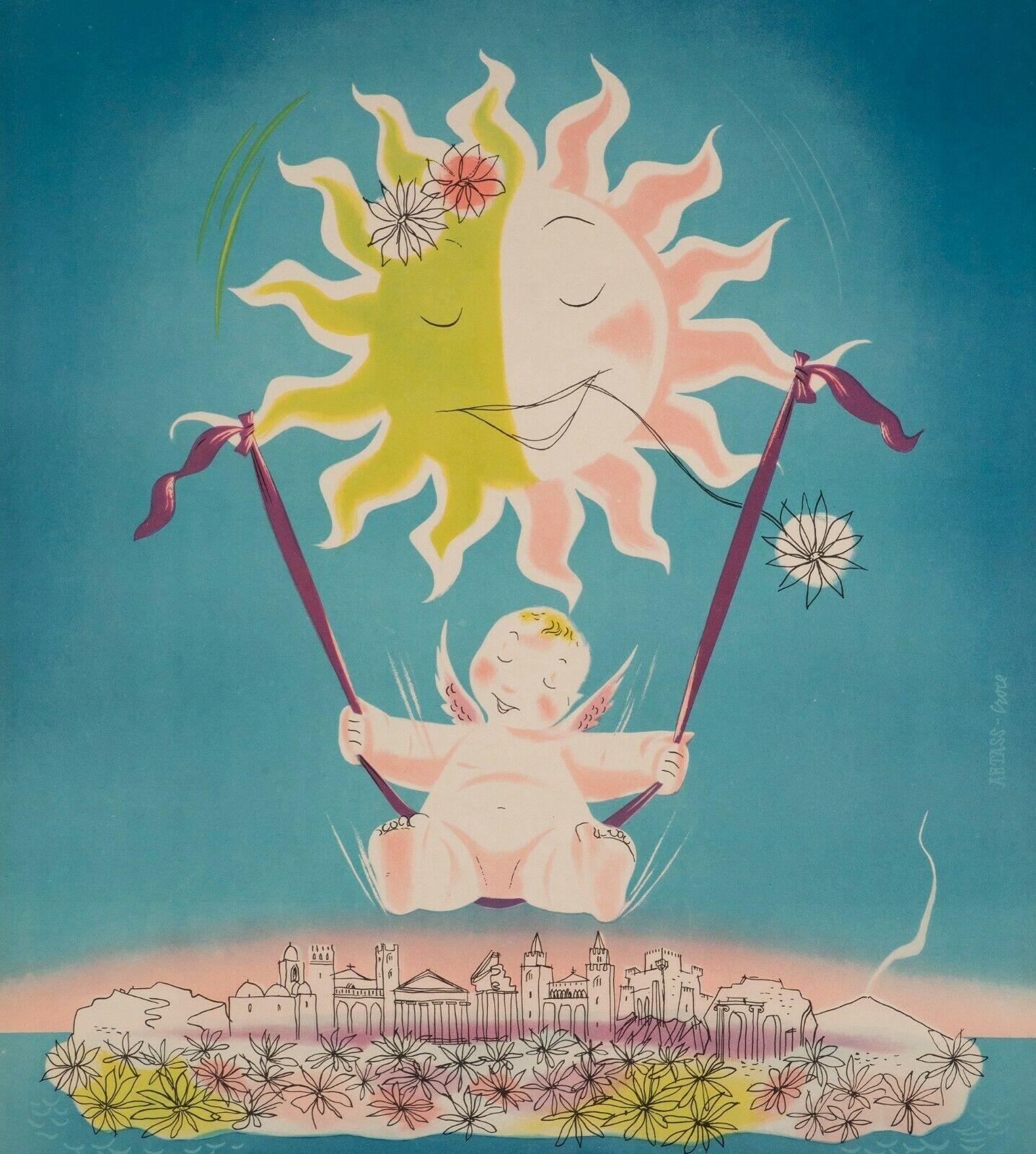 Original Poster-Artass Croce-Sicily-Palermo-Catania-Syracuse, 1952

Poster to promote tourism in Sicily (Italy). On the poster, an angel is swinging under the Sicilian sun.

Additional Information:
Materials and Techniques: Colour lithograph on