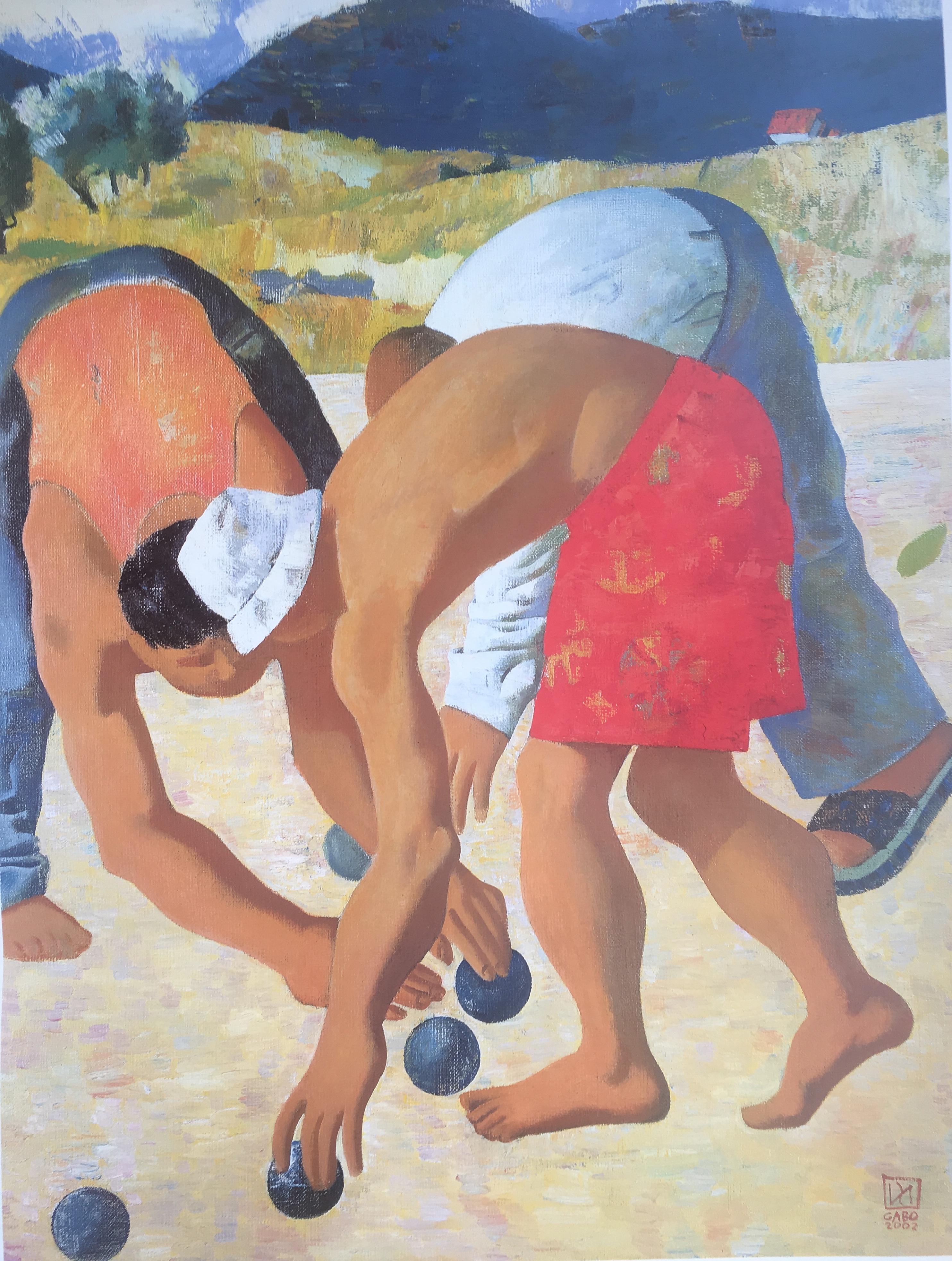 Original-Kunstplakat mit der Darstellung von Männern, die in der Provence Petanque oder Boulle spielen. Gabo ist ein mexikanischer Künstler, der in der Provence lebt. 

Dieses Plakat hat sehr lebendige Farben und ein fröhliches Thema.