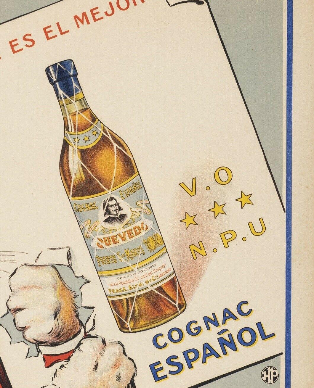 Affiche originale - Cognac - Quevedo - Cat - Esprits - Espagnols, vers 1920 Bon état - En vente à SAINT-OUEN-SUR-SEINE, FR