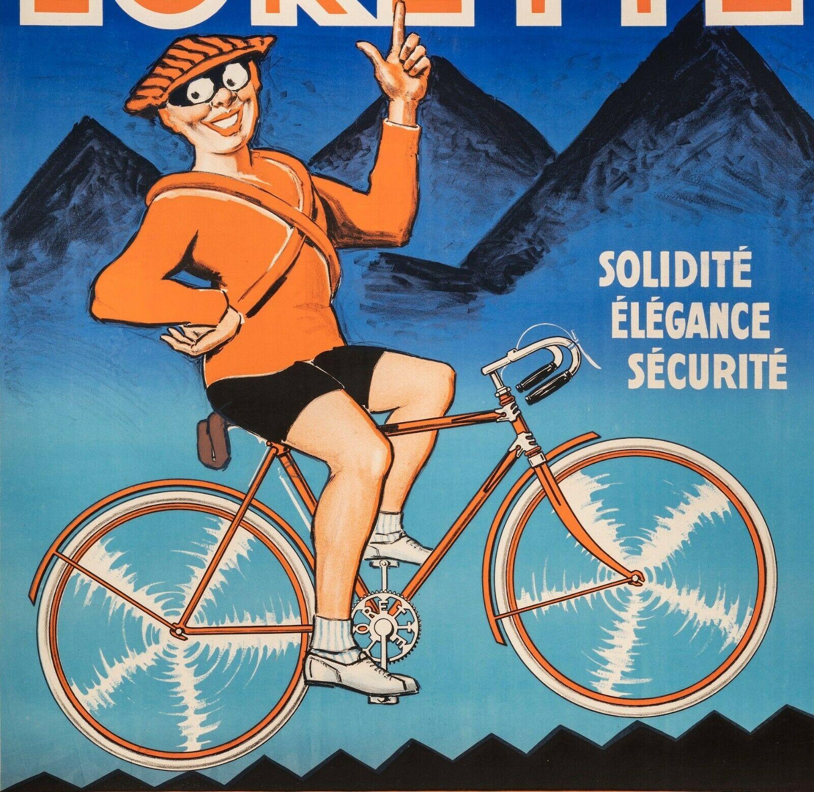 Original Poster-Cycles Lorette-Cycling-Mountain Bicycle, c.1925

Advertising poster for Lorette Cycles. 
A cyclist, in orange clothes, is we a bicycle and is riding towards the mountain, visible in the background.

Additional Details:
Materials and