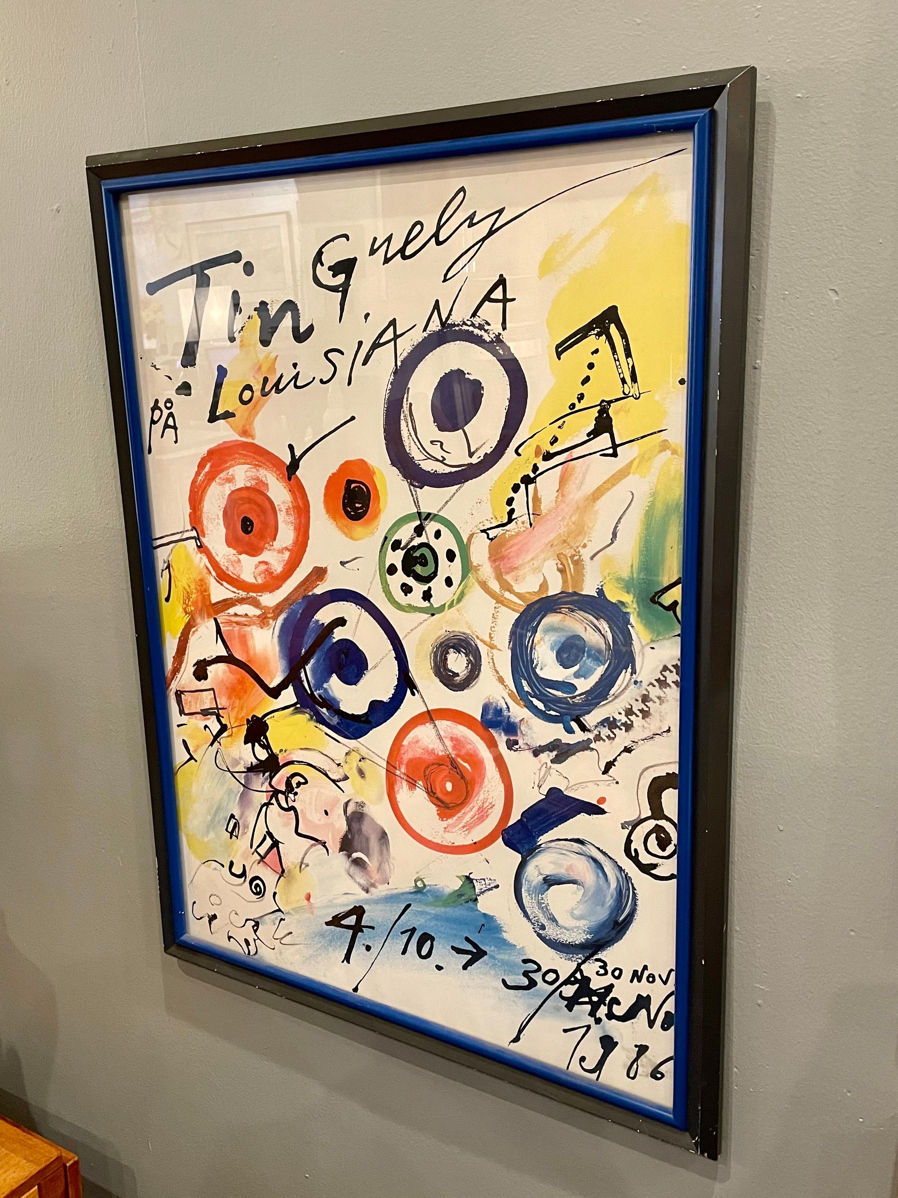 Listed artist original framed poster by Jean Tinguely titled Louisiana from 1986, the colors are nice and bright the frame shows some scuffs and marks, due to age and ware has a certificate in the back as shown.