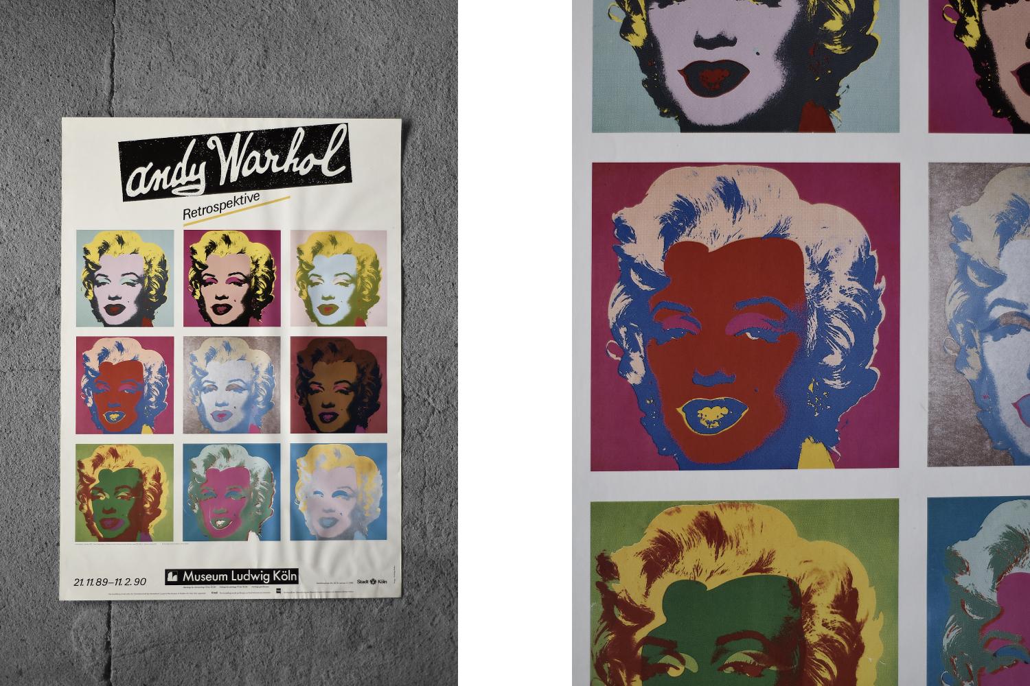 Originalplakat der Ausstellung Andy Warhol - Marilyn Monroe RETROSPECTIVE, die vom 21. November 1989 bis zum 11. Februar 1990 im Museum Ludwig Köln in Deutschland stattfand. Das Originalgemälde der Schauspielerin stammt aus dem Jahr 1967 und wurde