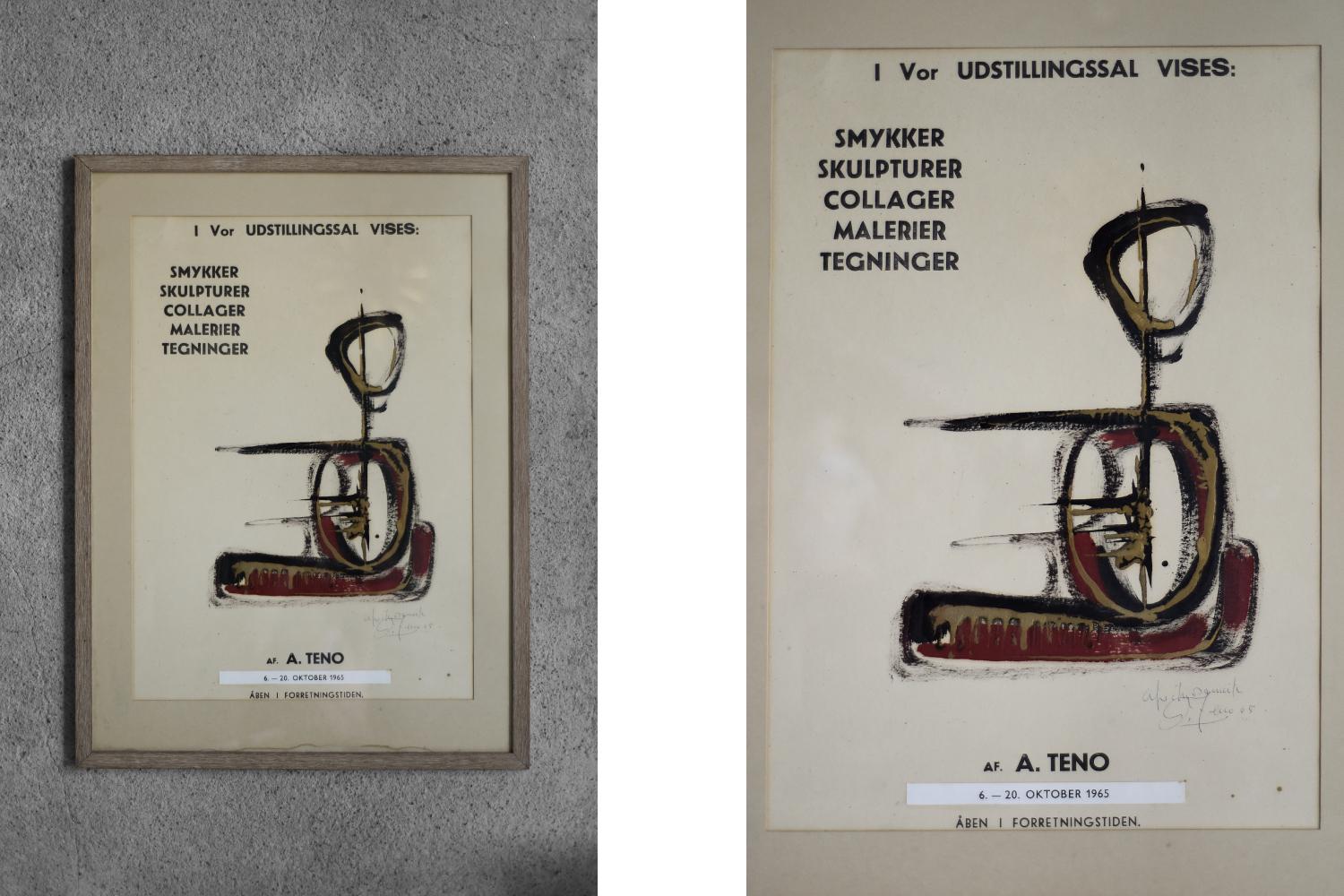 Affiche originale de l'exposition de l'œuvre d'Aurelio Teno, du 6 au 20 octobre 1965 à Copenhague. L'exposition comprenait des sculptures, des bijoux, des collages, des dessins et des peintures de l'auteur. L'affiche porte la signature de l'auteur