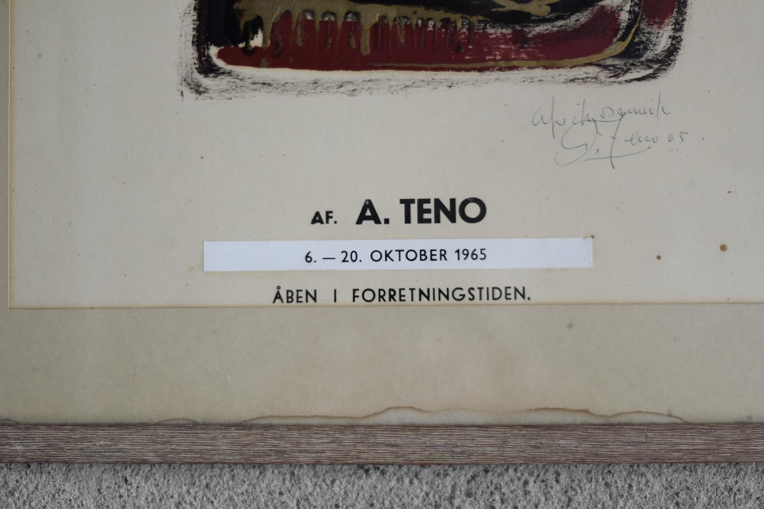 Affiche originale de l'exposition d'Aurelio Teno, Danemark, 1965, encadrée Bon état - En vente à Warszawa, Mazowieckie